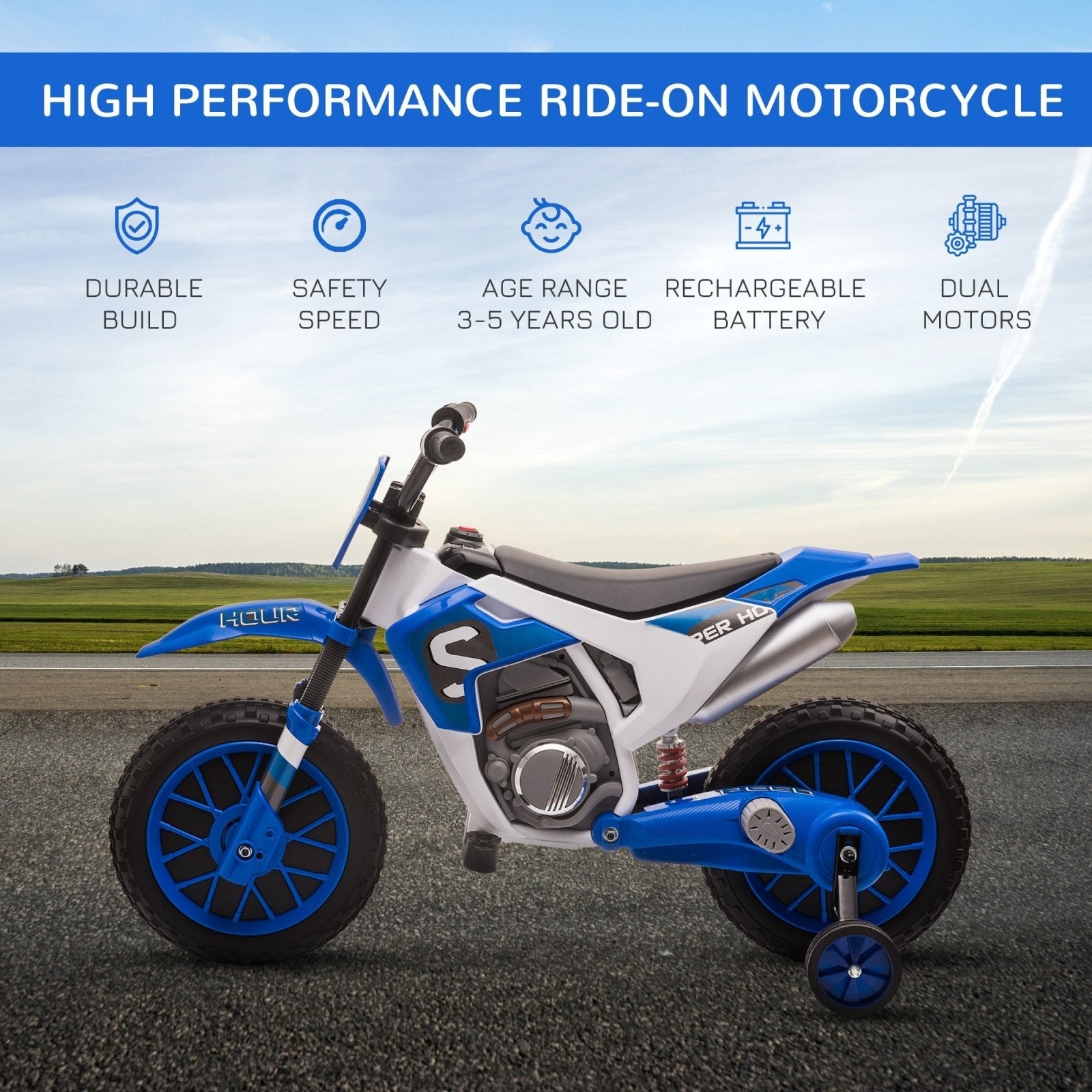 12V Kids Electric Motorbike Ride On Motorcycle Vehicle Toy with Training Wheels for 3 - 5 Years Old, Blue - Bedzy UK modern and affordable home furniture England