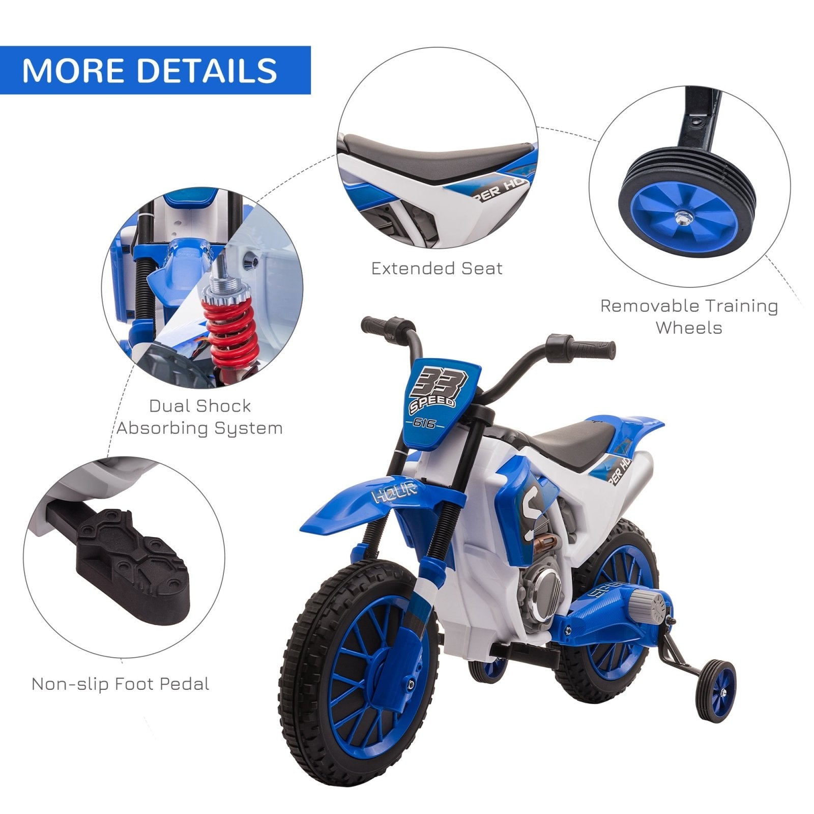 12V Kids Electric Motorbike Ride On Motorcycle Vehicle Toy with Training Wheels for 3 - 5 Years Old, Blue - Bedzy UK modern and affordable home furniture England