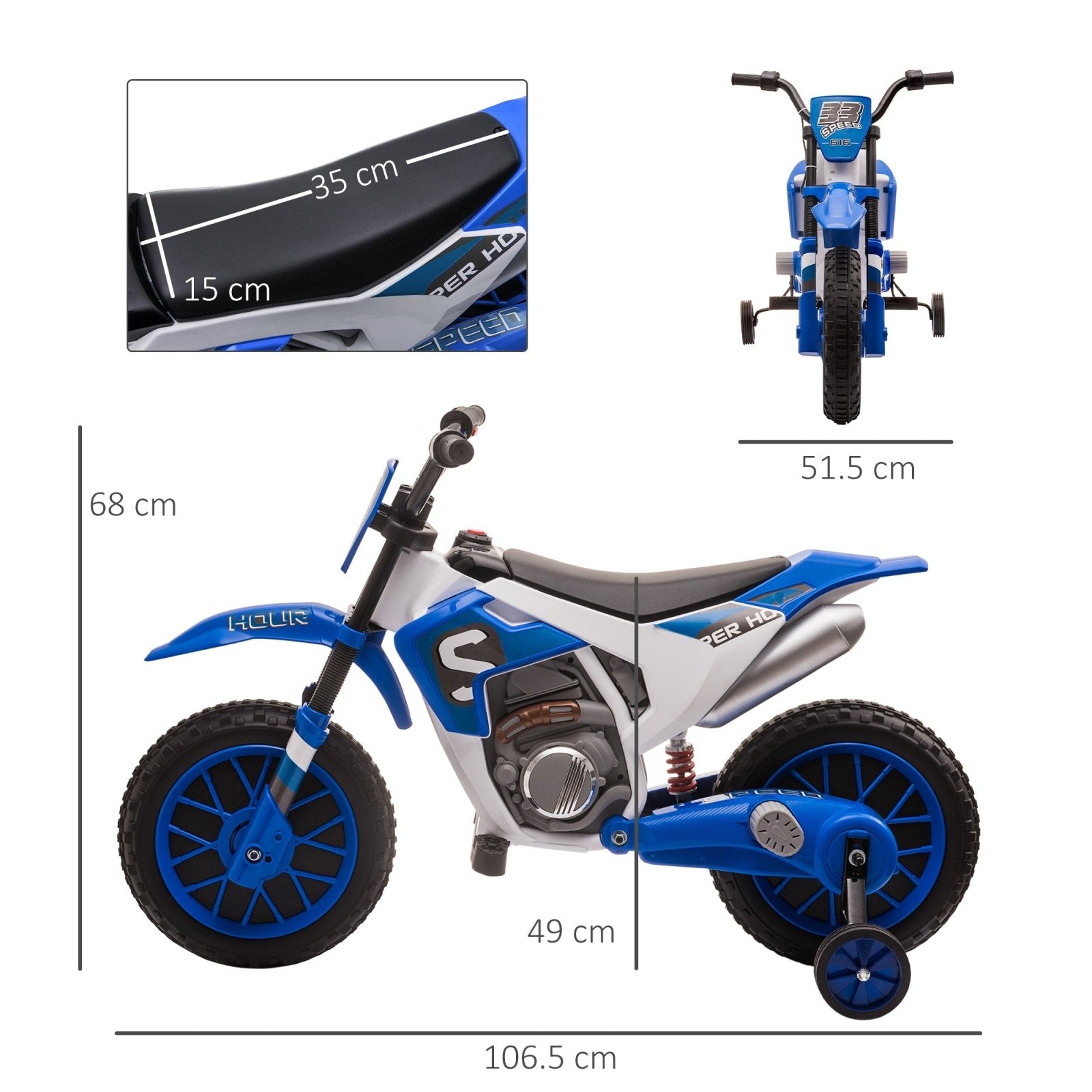 12V Kids Electric Motorbike Ride On Motorcycle Vehicle Toy with Training Wheels for 3 - 5 Years Old, Blue - Bedzy UK modern and affordable home furniture England