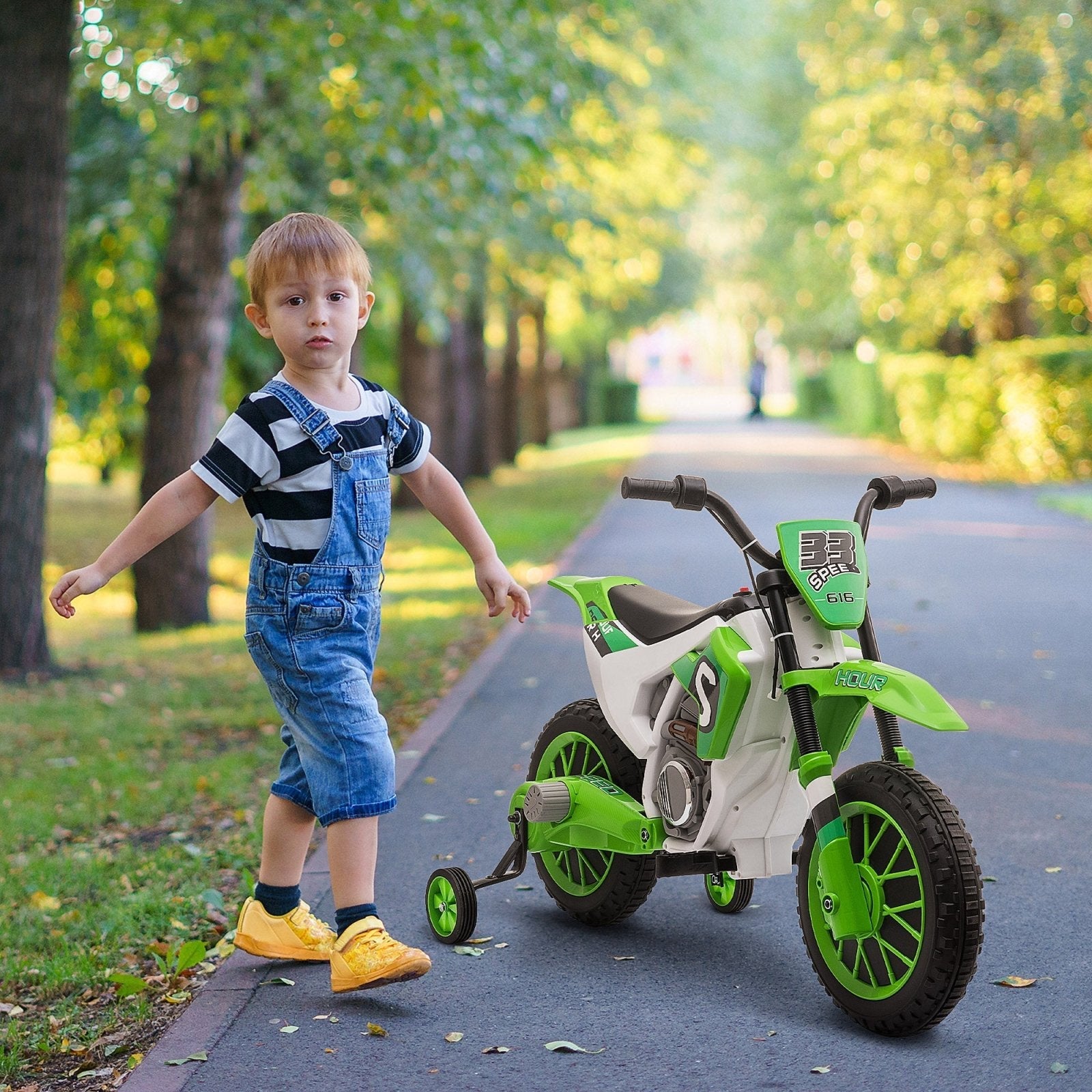 12V Kids Electric Motorbike Ride On Motorcycle Vehicle Toy with Training Wheels for 3 - 5 Years Old, Green - Bedzy UK modern and affordable home furniture England