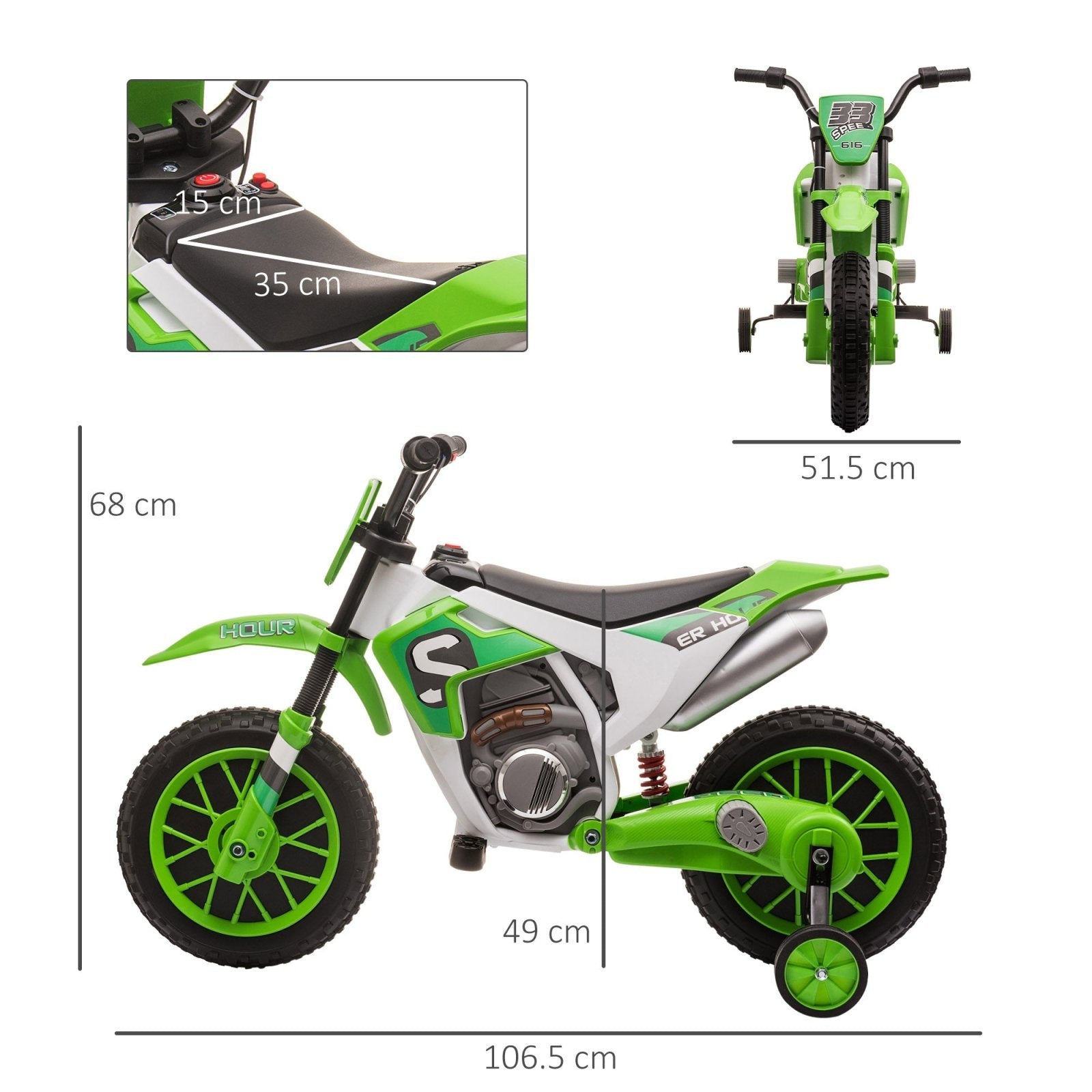 12V Kids Electric Motorbike Ride On Motorcycle Vehicle Toy with Training Wheels for 3 - 5 Years Old, Green - Bedzy UK modern and affordable home furniture England