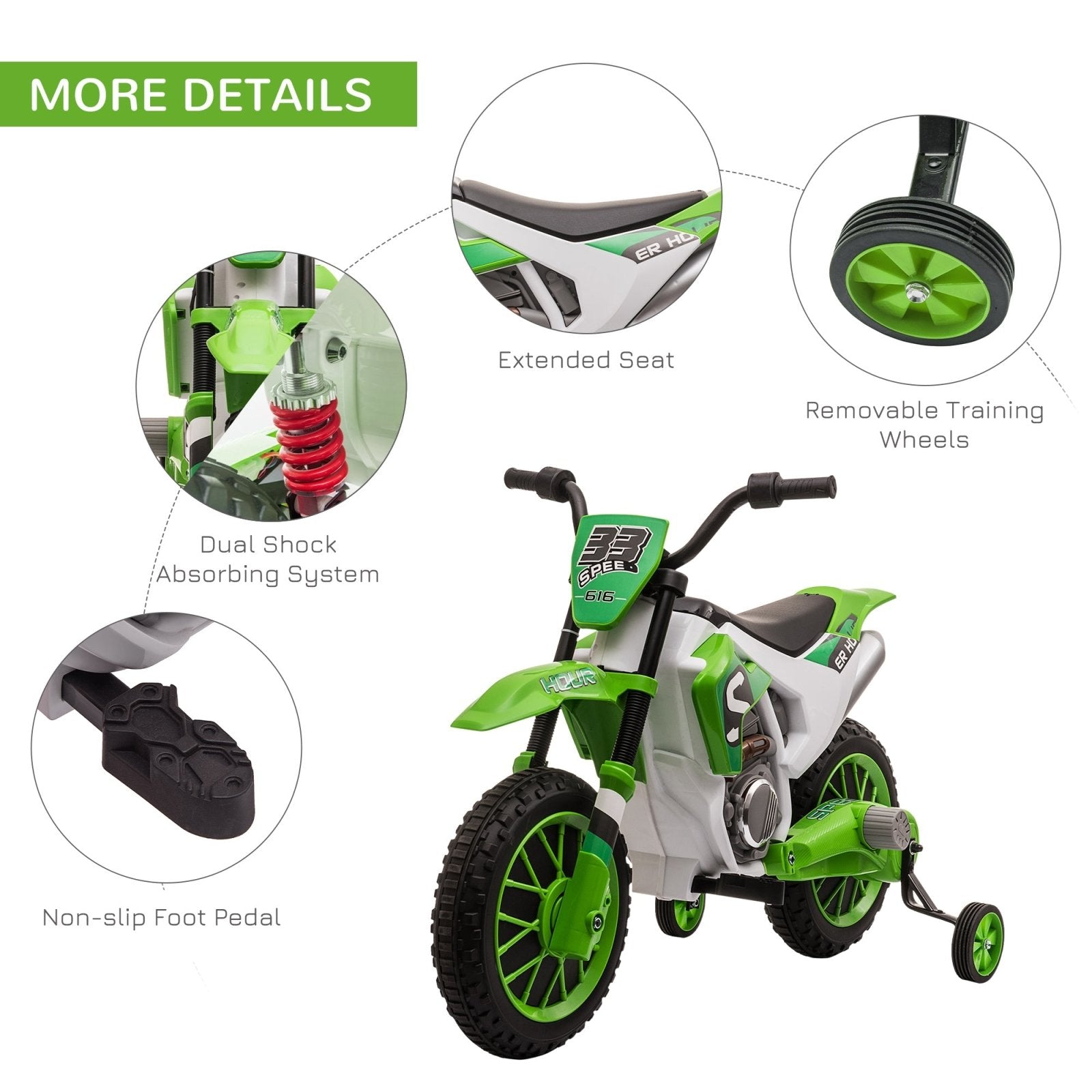 12V Kids Electric Motorbike Ride On Motorcycle Vehicle Toy with Training Wheels for 3 - 5 Years Old, Green - Bedzy UK modern and affordable home furniture England