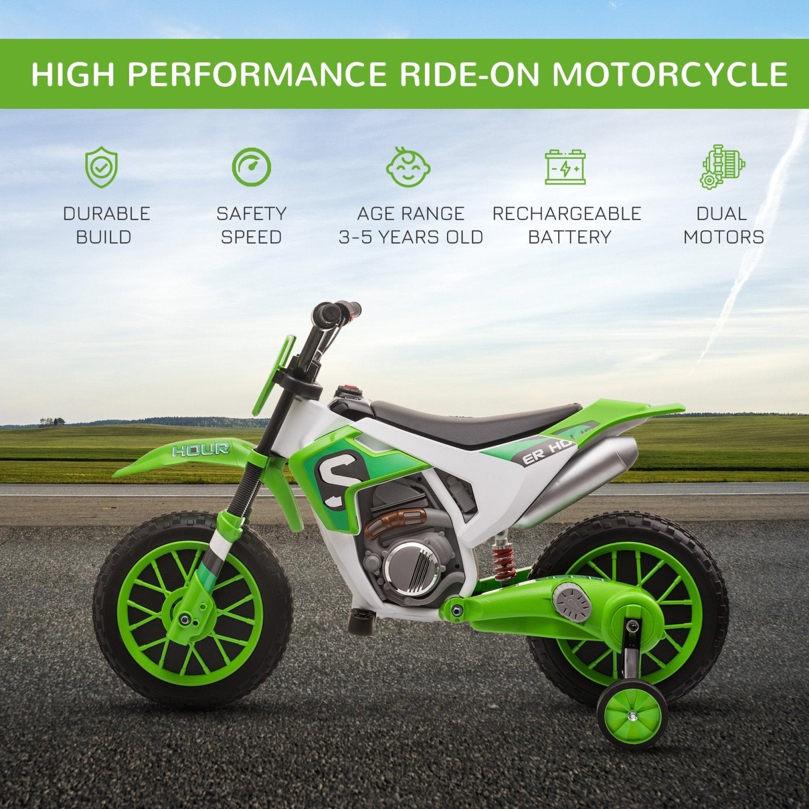 12V Kids Electric Motorbike Ride On Motorcycle Vehicle Toy with Training Wheels for 3 - 5 Years Old, Green - Bedzy UK modern and affordable home furniture England