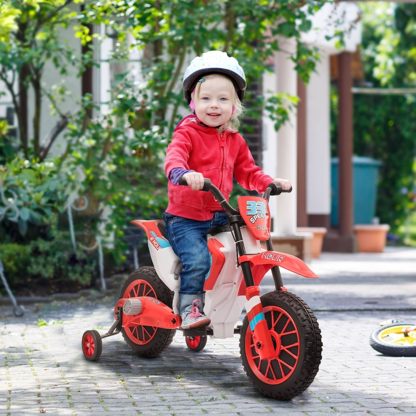 12V Kids Electric Motorcycle Ride - On, with Training Wheels, for Ages 3 - 6 Years - Red - Bedzy UK modern and affordable home furniture England