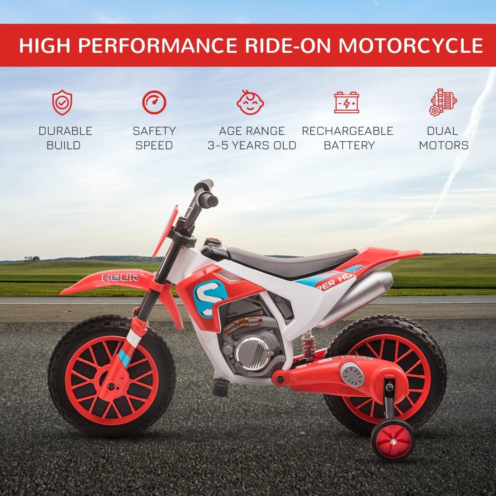 12V Kids Electric Motorcycle Ride - On, with Training Wheels, for Ages 3 - 6 Years - Red - Bedzy UK modern and affordable home furniture England