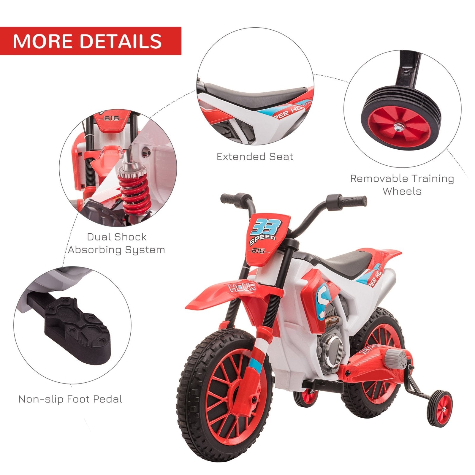 12V Kids Electric Motorcycle Ride - On, with Training Wheels, for Ages 3 - 6 Years - Red - Bedzy UK modern and affordable home furniture England