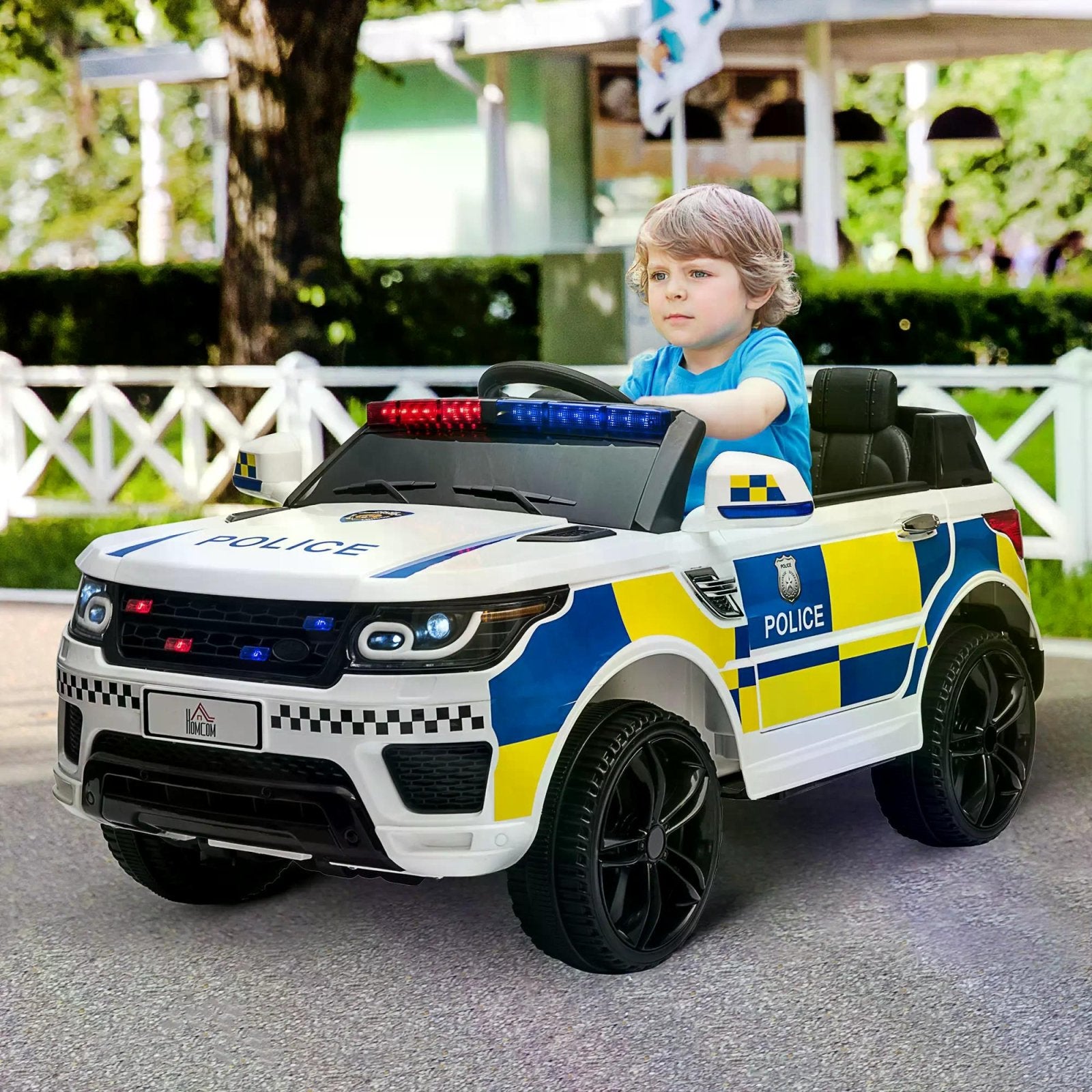 12V Kids Portable Electric Ride On Police Car with Parental Remote Control Siren Flashing Lights USB Bluetooth for 3 - 6 Years White - Bedzy UK modern and affordable home furniture England