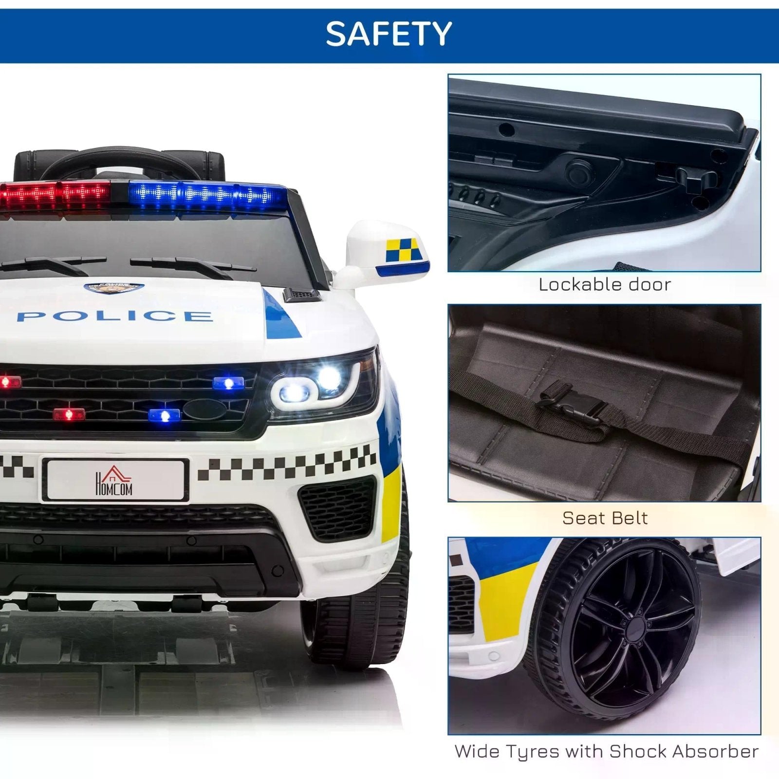 12V Kids Portable Electric Ride On Police Car with Parental Remote Control Siren Flashing Lights USB Bluetooth for 3 - 6 Years White - Bedzy UK modern and affordable home furniture England