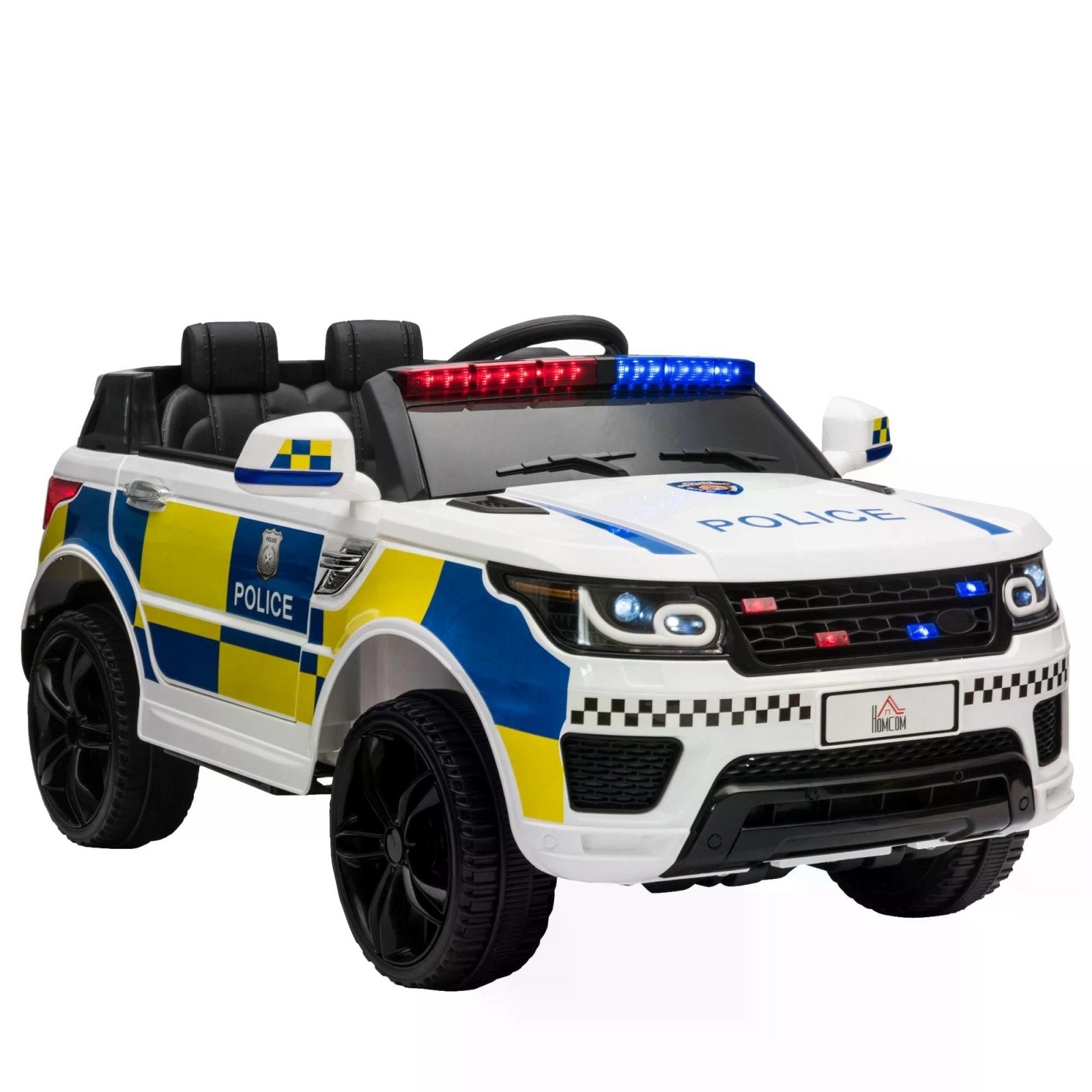 12V Kids Portable Electric Ride On Police Car with Parental Remote Control Siren Flashing Lights USB Bluetooth for 3 - 6 Years White - Bedzy UK modern and affordable home furniture England