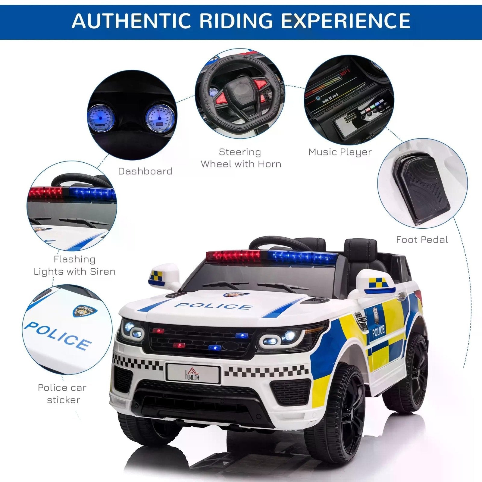 12V Kids Portable Electric Ride On Police Car with Parental Remote Control Siren Flashing Lights USB Bluetooth for 3 - 6 Years White - Bedzy UK modern and affordable home furniture England