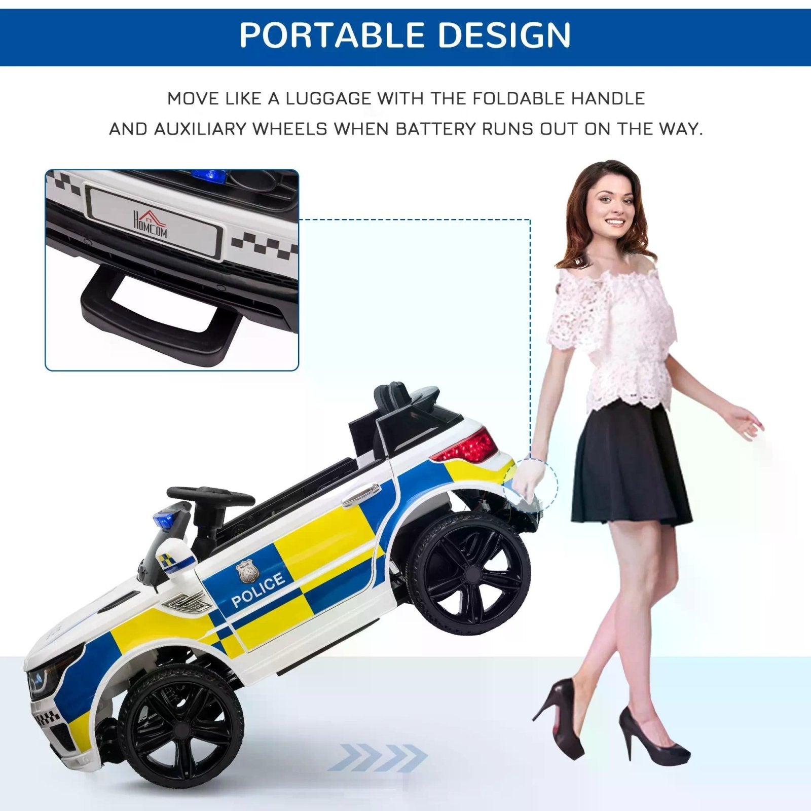 12V Kids Portable Electric Ride On Police Car with Parental Remote Control Siren Flashing Lights USB Bluetooth for 3 - 6 Years White - Bedzy UK modern and affordable home furniture England