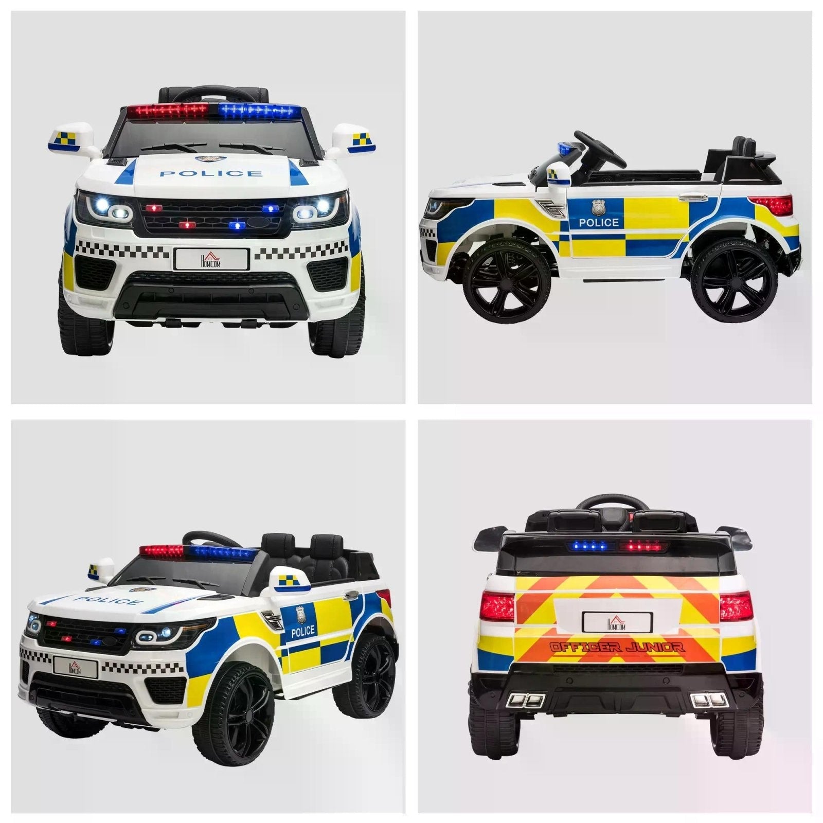 12V Kids Portable Electric Ride On Police Car with Parental Remote Control Siren Flashing Lights USB Bluetooth for 3 - 6 Years White - Bedzy UK modern and affordable home furniture England