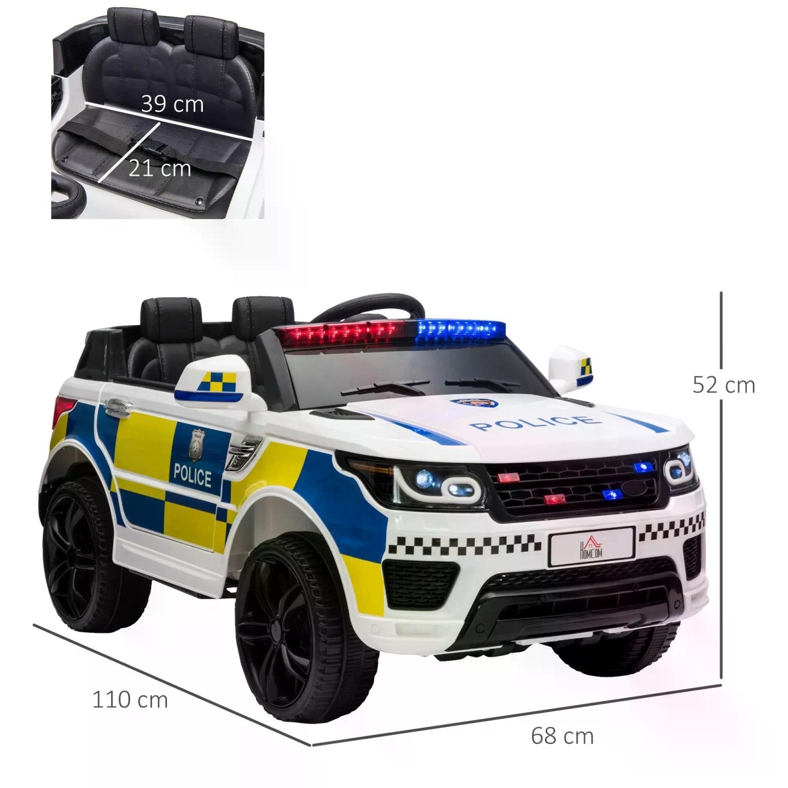 12V Kids Portable Electric Ride On Police Car with Parental Remote Control Siren Flashing Lights USB Bluetooth for 3 - 6 Years White - Bedzy UK modern and affordable home furniture England