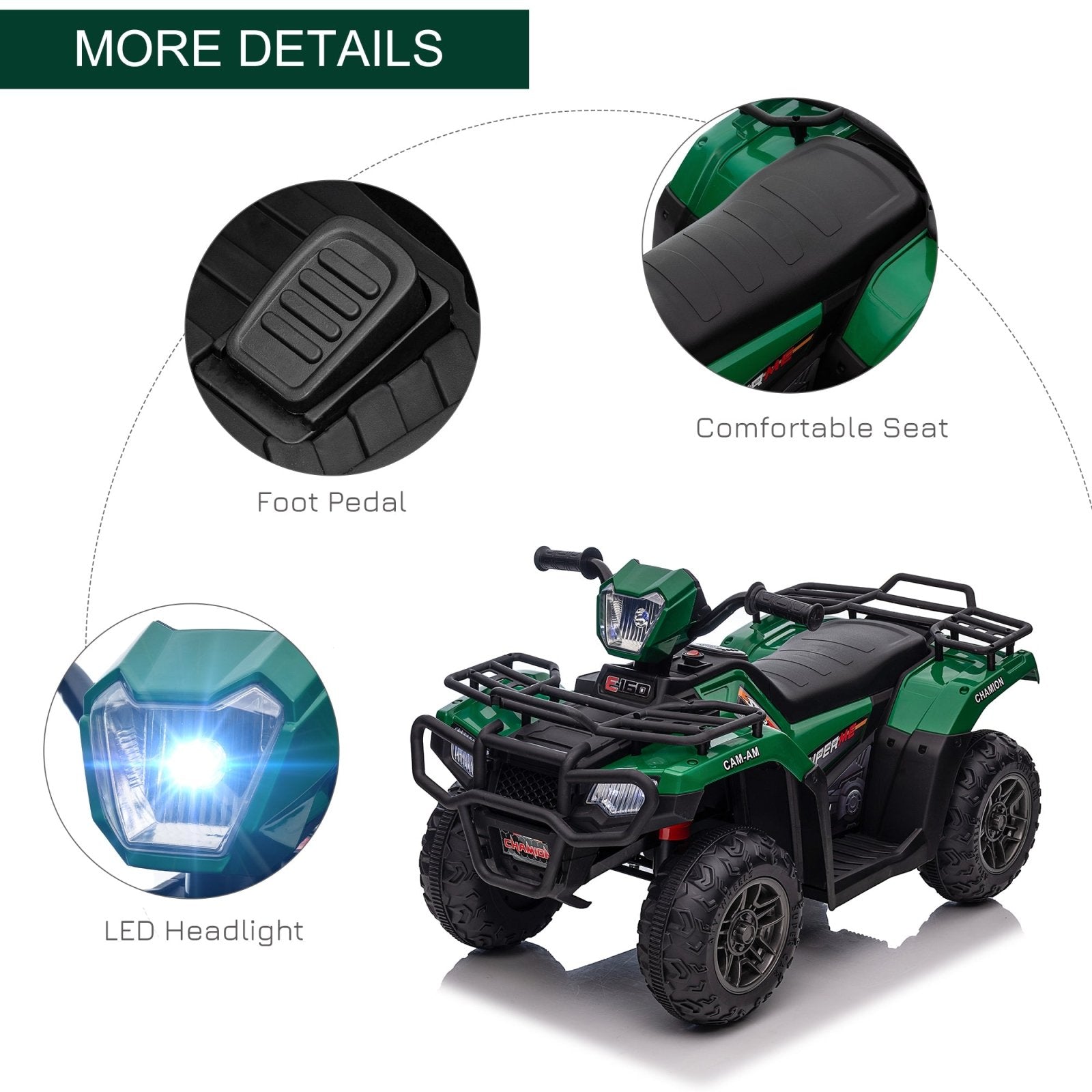 12V Kids Quad Bike with Forward Reverse Functions, Electric Ride On ATV with Music, LED Headlights, for Ages 3 - 5 Years - Green - Bedzy UK modern and affordable home furniture England