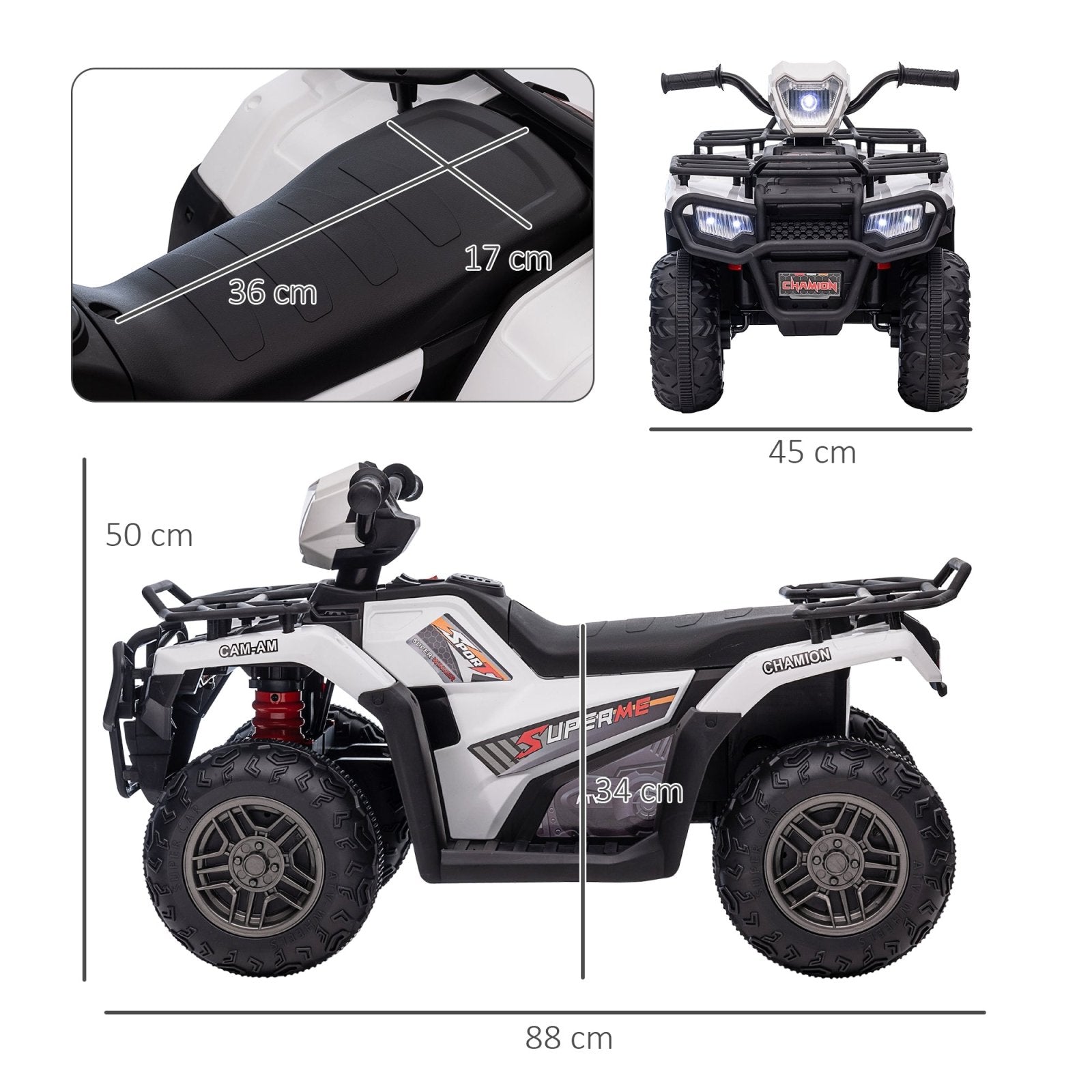 12V Kids Quad Bike with Forward Reverse Functions, Electric Ride On ATV with Music, LED Headlights, for Ages 3 - 5 Years - White - Bedzy UK modern and affordable home furniture England