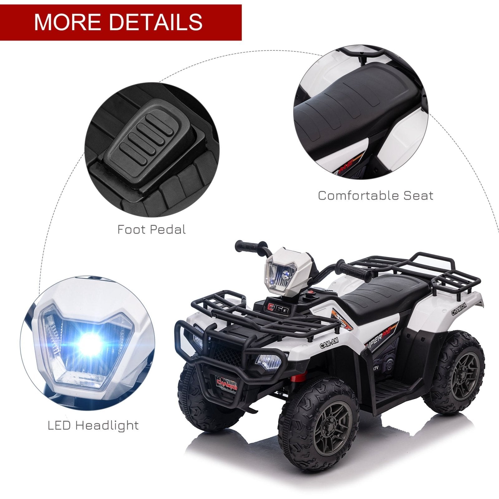 12V Kids Quad Bike with Forward Reverse Functions, Electric Ride On ATV with Music, LED Headlights, for Ages 3 - 5 Years - White - Bedzy UK modern and affordable home furniture England