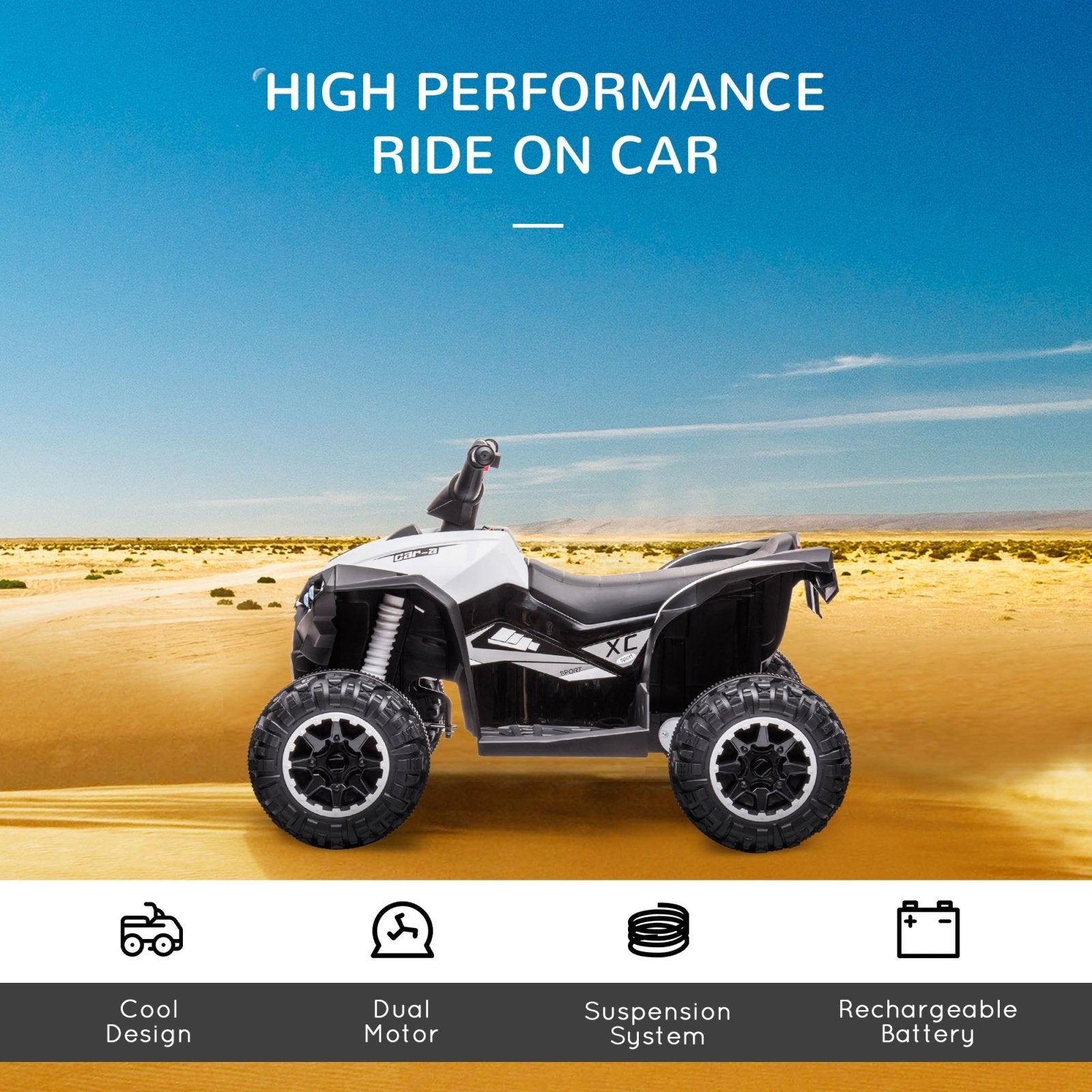 12V Quad Bike with Forward Reverse Functions, Ride on Car ATV Toy with High/Low Speed, Slow Start, Suspension System, Horn, Music, White - Bedzy UK modern and affordable home furniture England