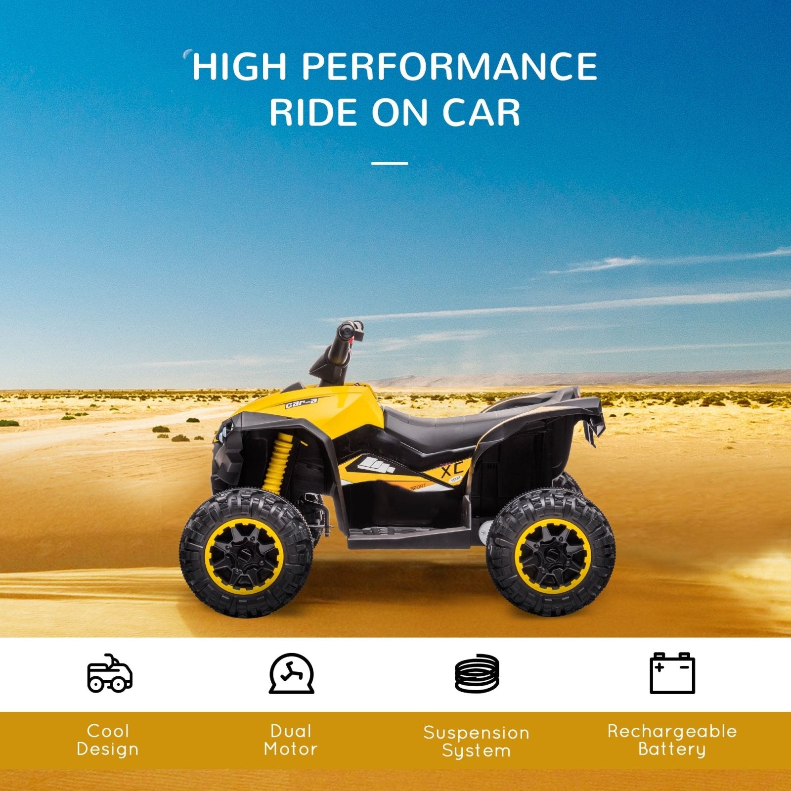 12V Quad Bike with Forward Reverse Functions, Ride on Car ATV Toy with High/Low Speed, Slow Start, Suspension System, Horn, Music, Yellow - Bedzy UK modern and affordable home furniture England