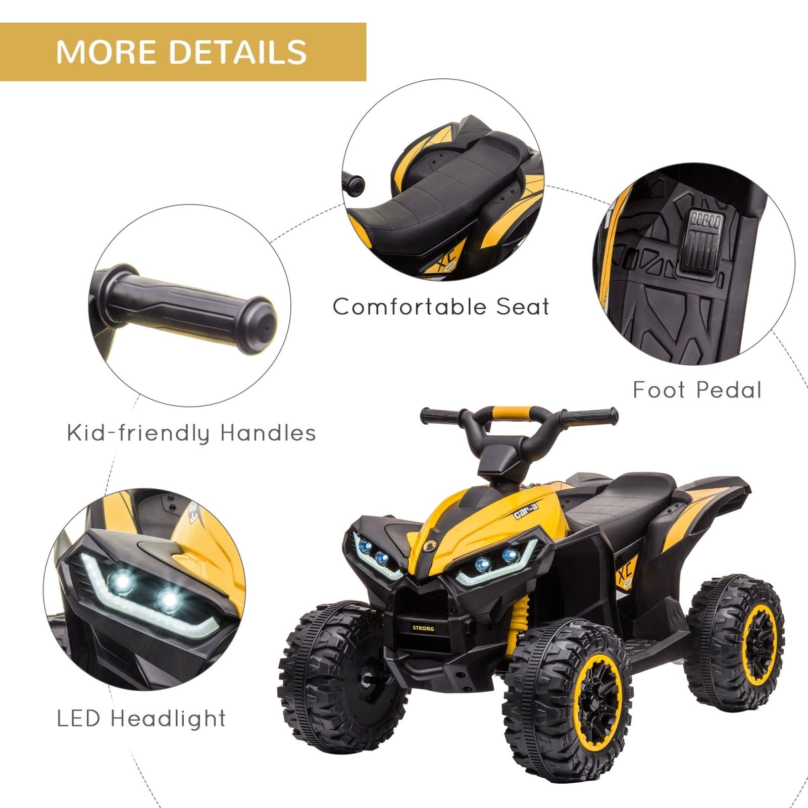 12V Quad Bike with Forward Reverse Functions, Ride on Car ATV Toy with High/Low Speed, Slow Start, Suspension System, Horn, Music, Yellow - Bedzy UK modern and affordable home furniture England