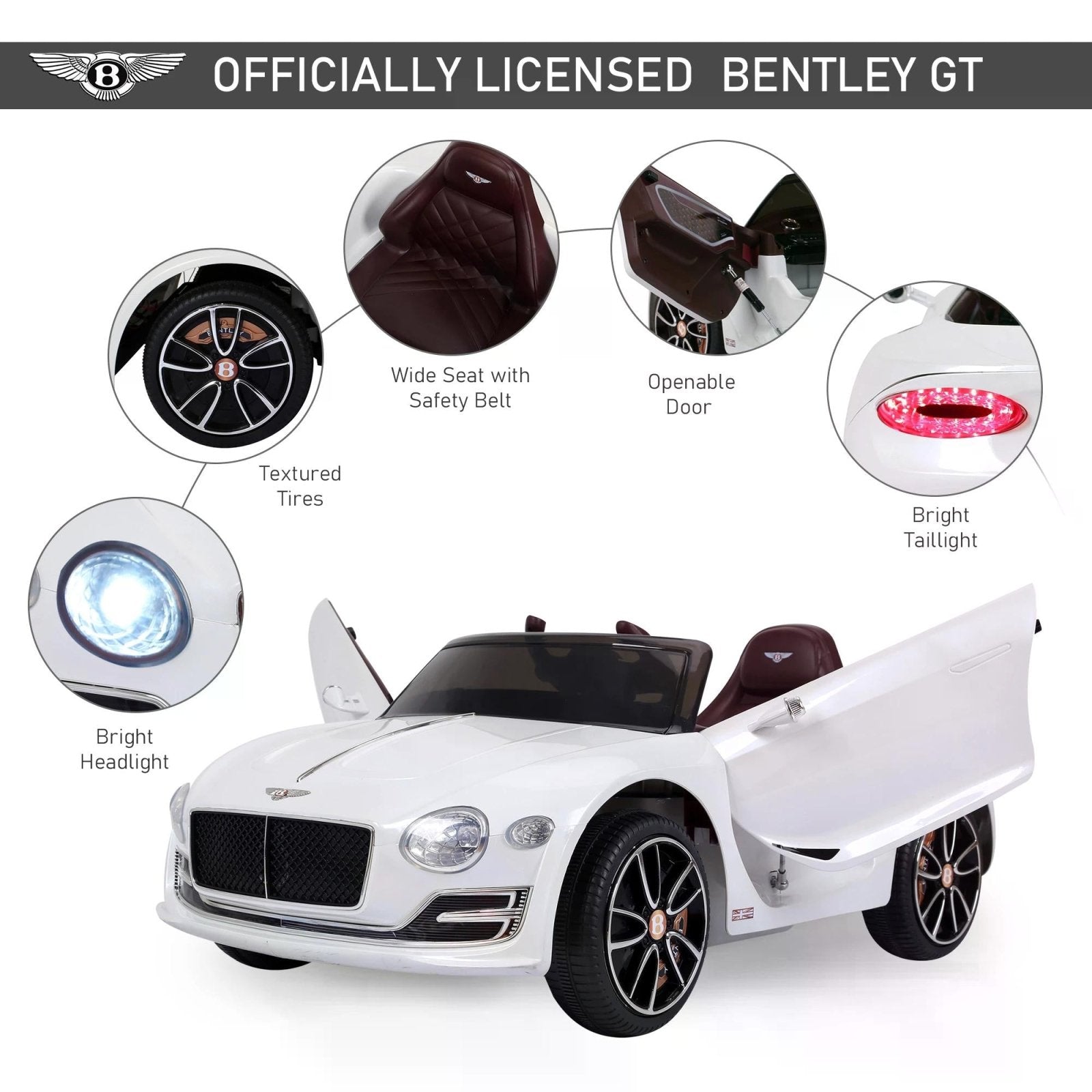 12V Ride on Car with LED Lights, Kids Electric Car Ride on Toys Bentley Licensed MP3 Player, White - Bedzy UK modern and affordable home furniture England