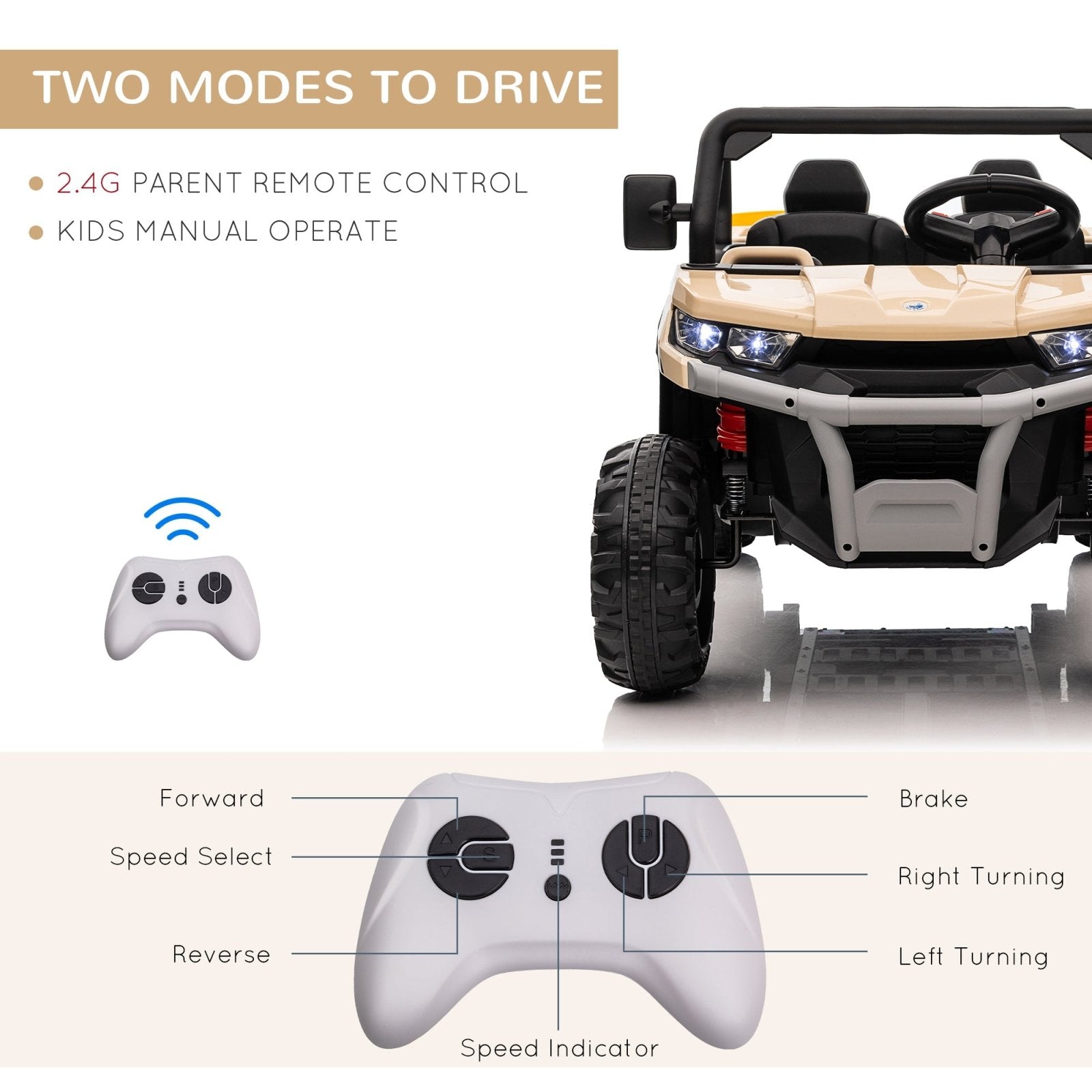 12V Two - Seater Kids Electric Ride - On Car, with Electric Bucket, Remote Control - Yellow - Bedzy UK modern and affordable home furniture England