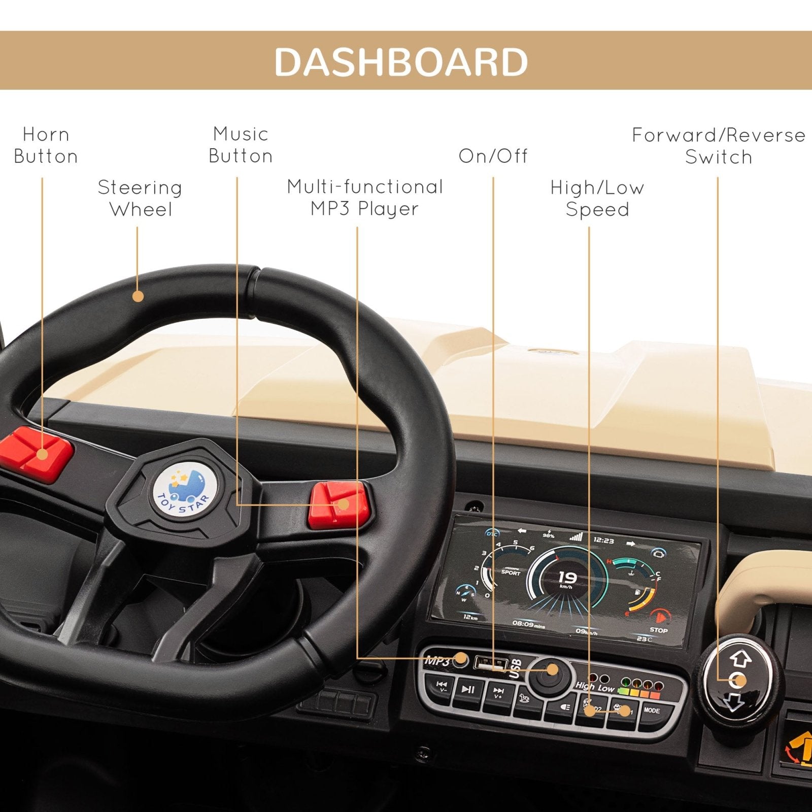 12V Two - Seater Kids Electric Ride - On Car, with Electric Bucket, Remote Control - Yellow - Bedzy UK modern and affordable home furniture England