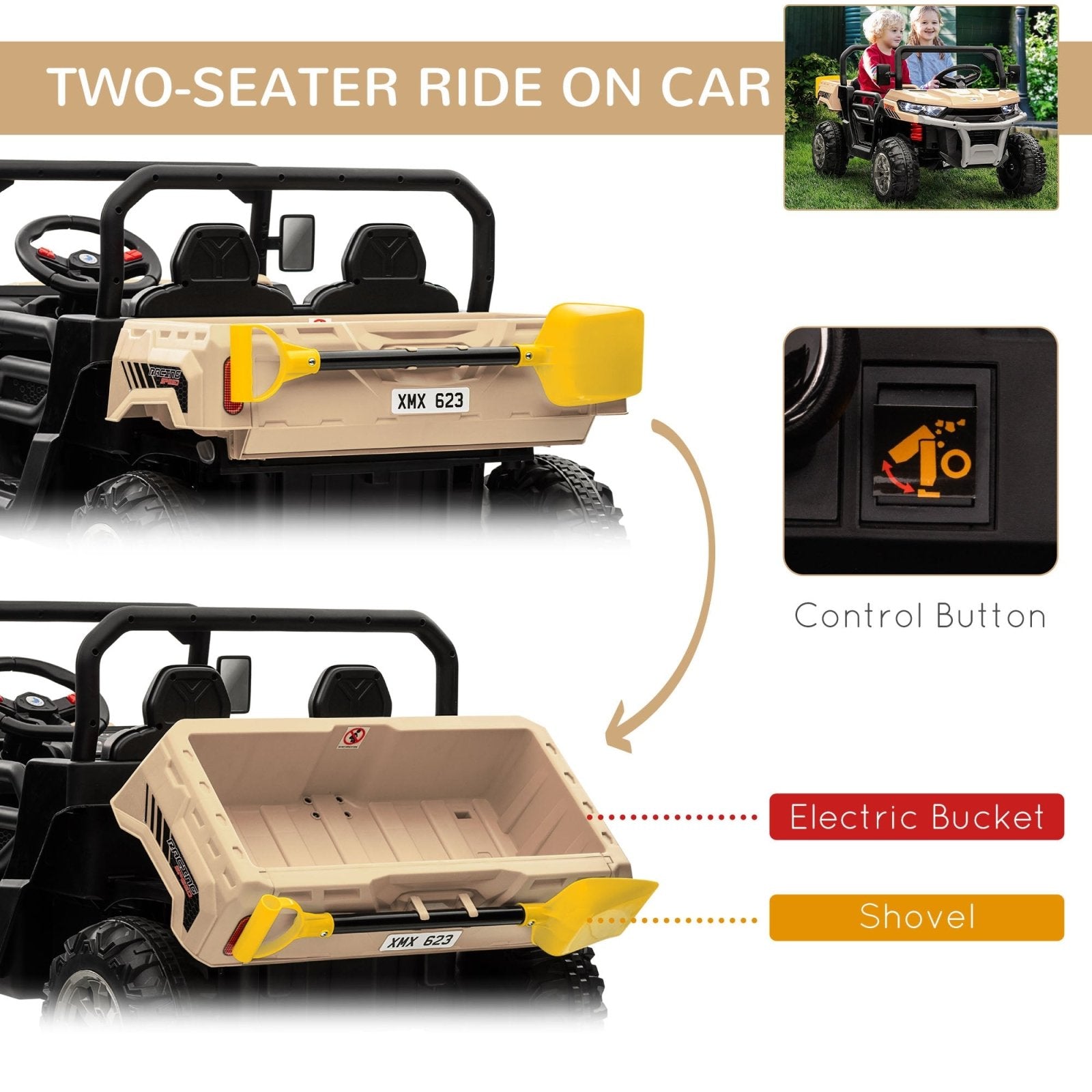 12V Two - Seater Kids Electric Ride - On Car, with Electric Bucket, Remote Control - Yellow - Bedzy UK modern and affordable home furniture England