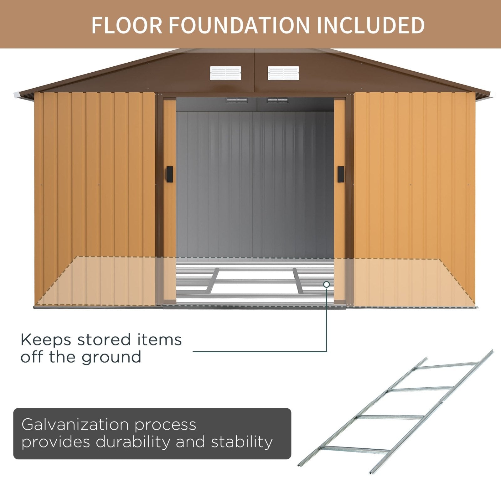 13 x 11 ft Metal Garden Shed Large Patio Roofed Tool Storage Box with Foundation Ventilation and Sliding Doors, Yellow - Bedzy UK modern and affordable home furniture England