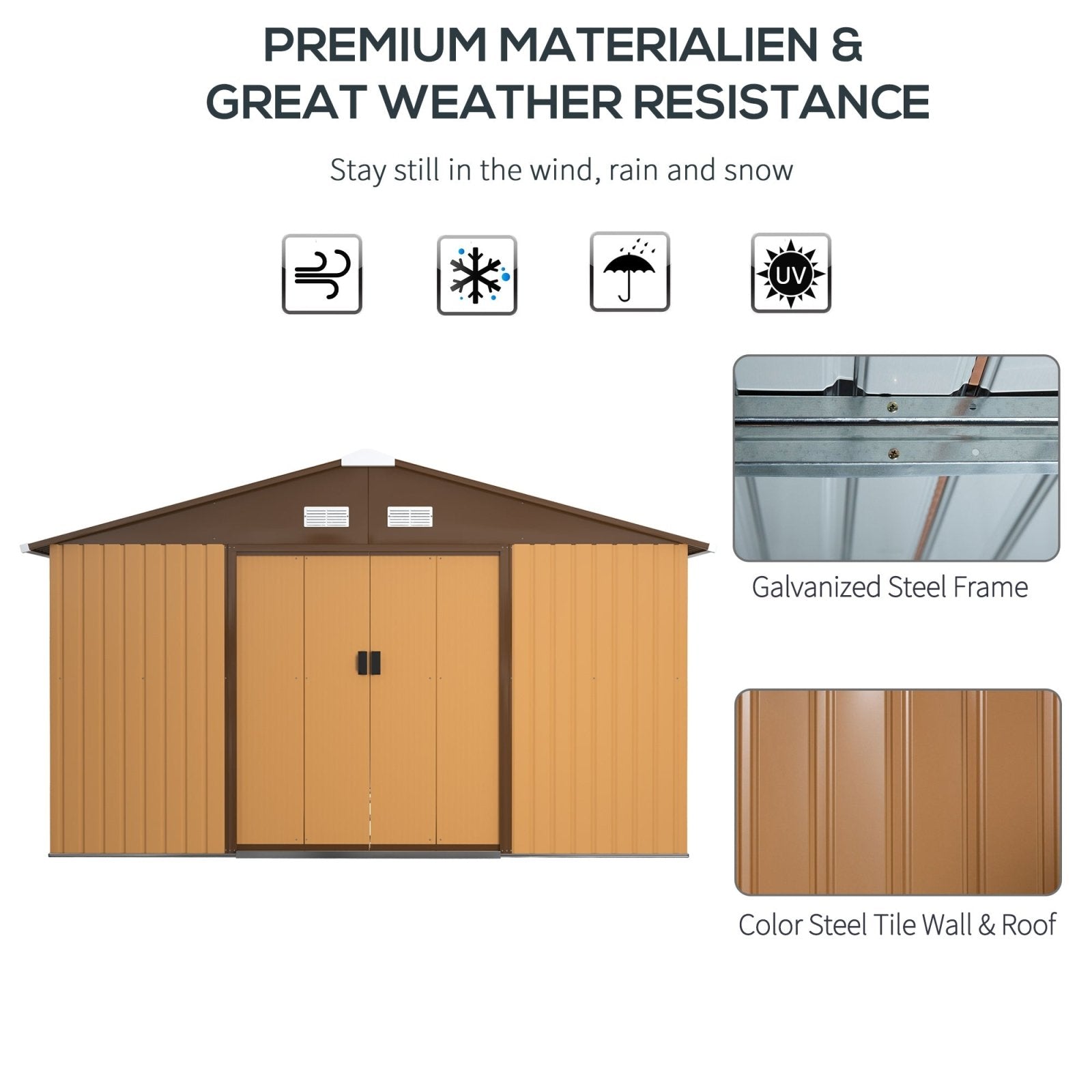 13 x 11 ft Metal Garden Shed Large Patio Roofed Tool Storage Box with Foundation Ventilation and Sliding Doors, Yellow - Bedzy UK modern and affordable home furniture England