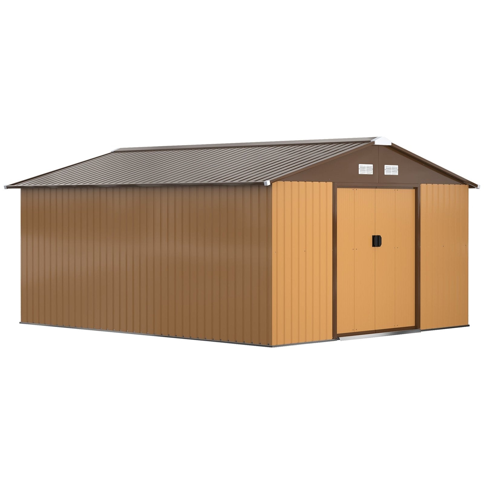 13 x 11 ft Metal Garden Shed Large Patio Roofed Tool Storage Box with Foundation Ventilation and Sliding Doors, Yellow - Bedzy UK modern and affordable home furniture England