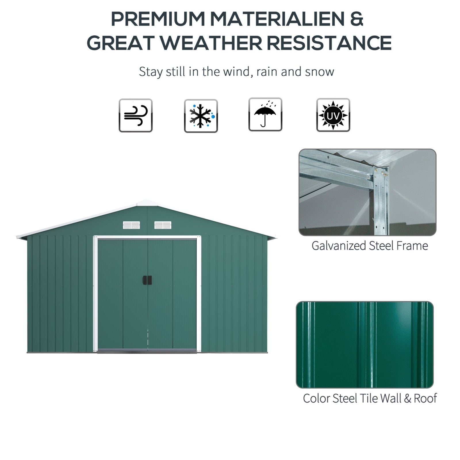 13 x 11 ft Metal Garden Shed Large Patio Roofed Tool Storage Box with Ventilation and Sliding Door, Deep Green - Bedzy UK modern and affordable home furniture England