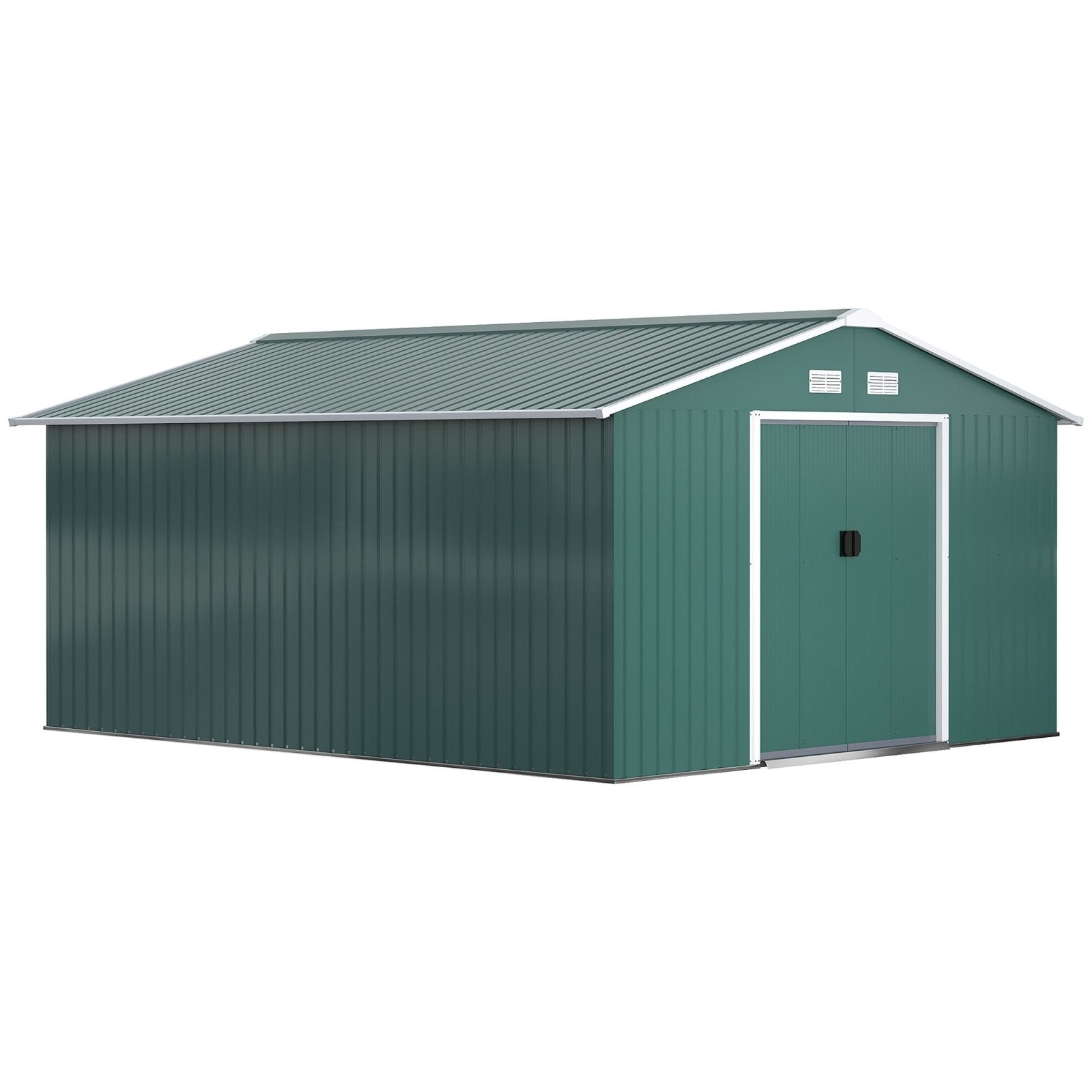 13 x 11 ft Metal Garden Shed Large Patio Roofed Tool Storage Box with Ventilation and Sliding Door, Deep Green - Bedzy UK modern and affordable home furniture England