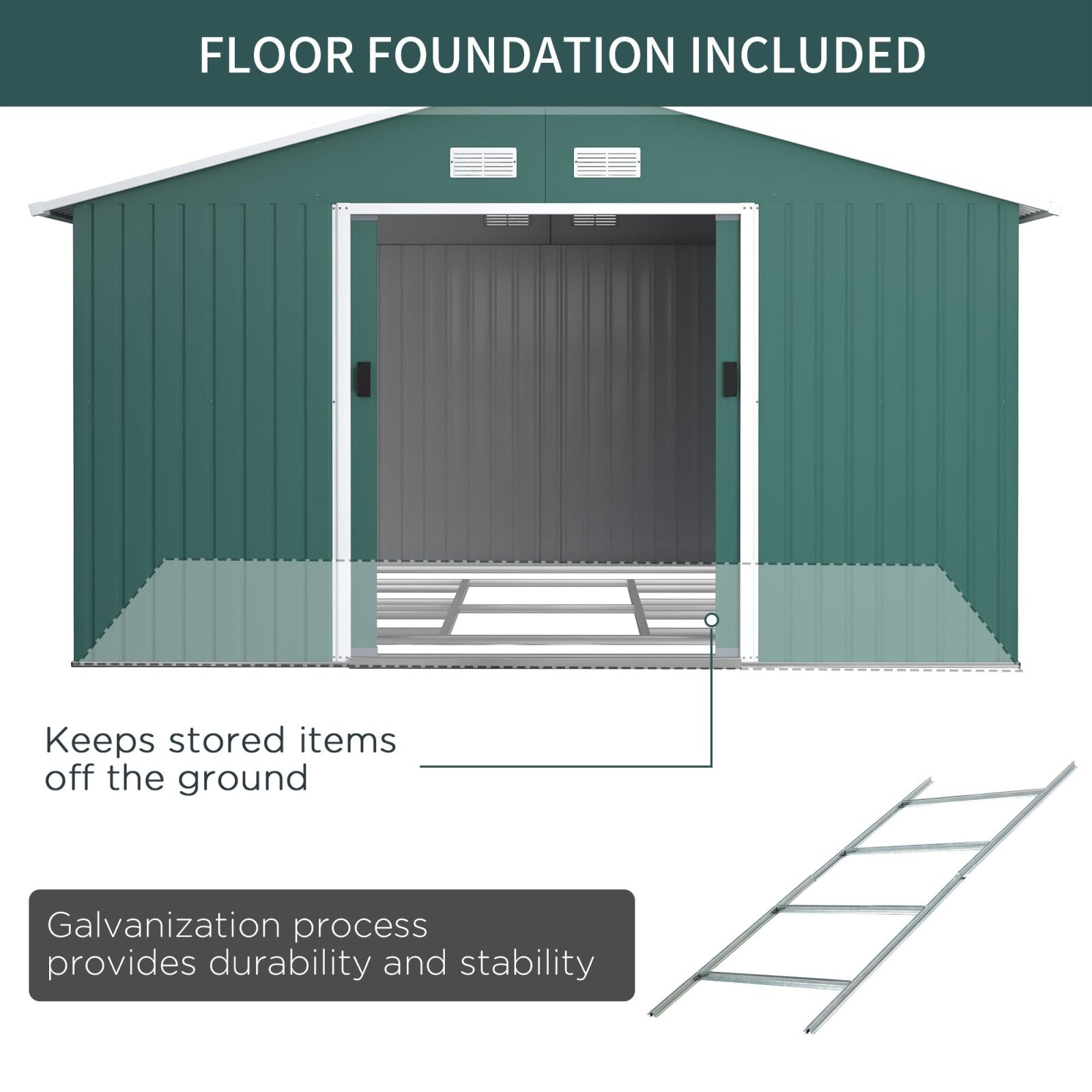 13 x 11 ft Metal Garden Shed Large Patio Roofed Tool Storage Box with Ventilation and Sliding Door, Deep Green - Bedzy UK modern and affordable home furniture England