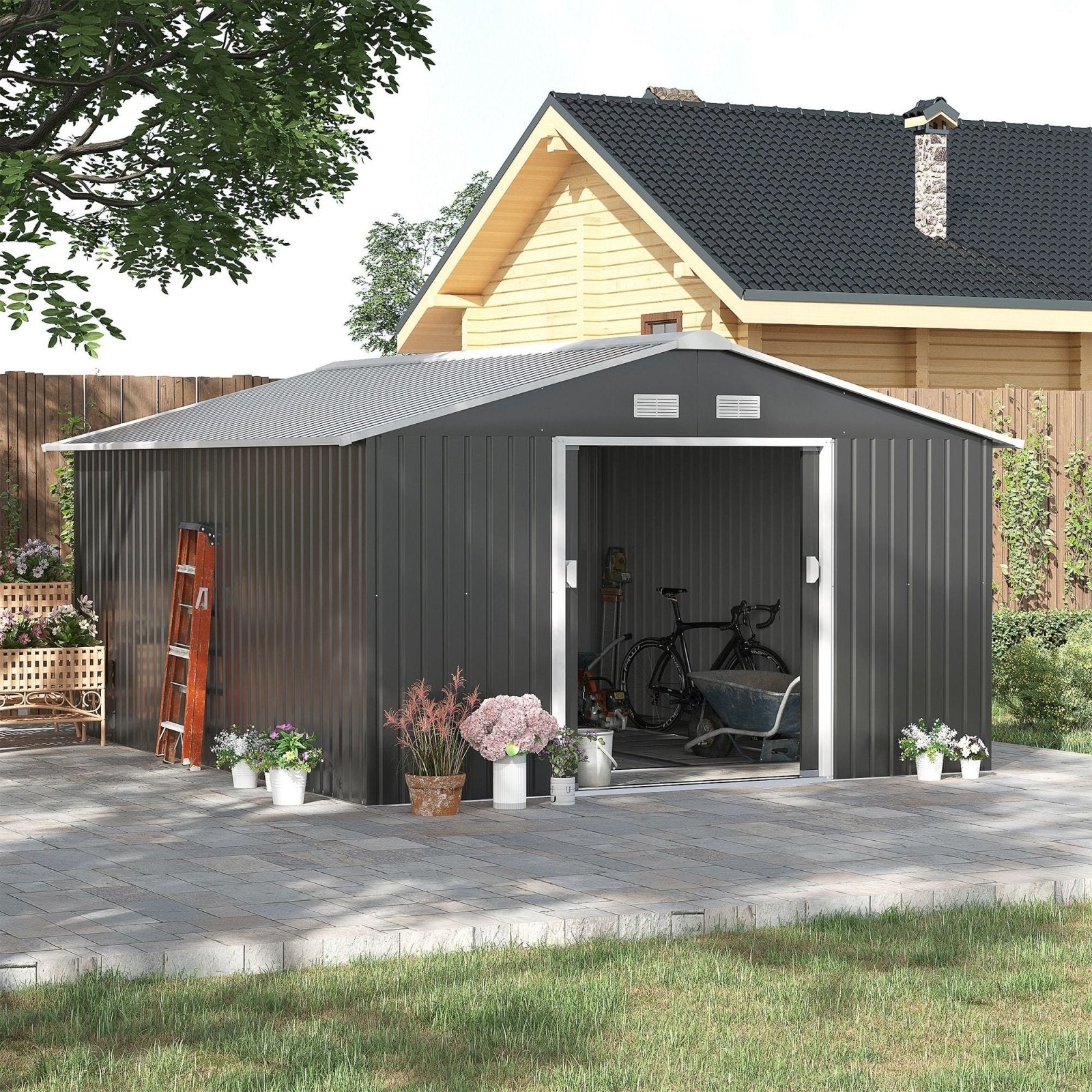 13 x 11ft Foundation Ventilation Steel Outdoor Garden Shed Grey - Bedzy UK modern and affordable home furniture England