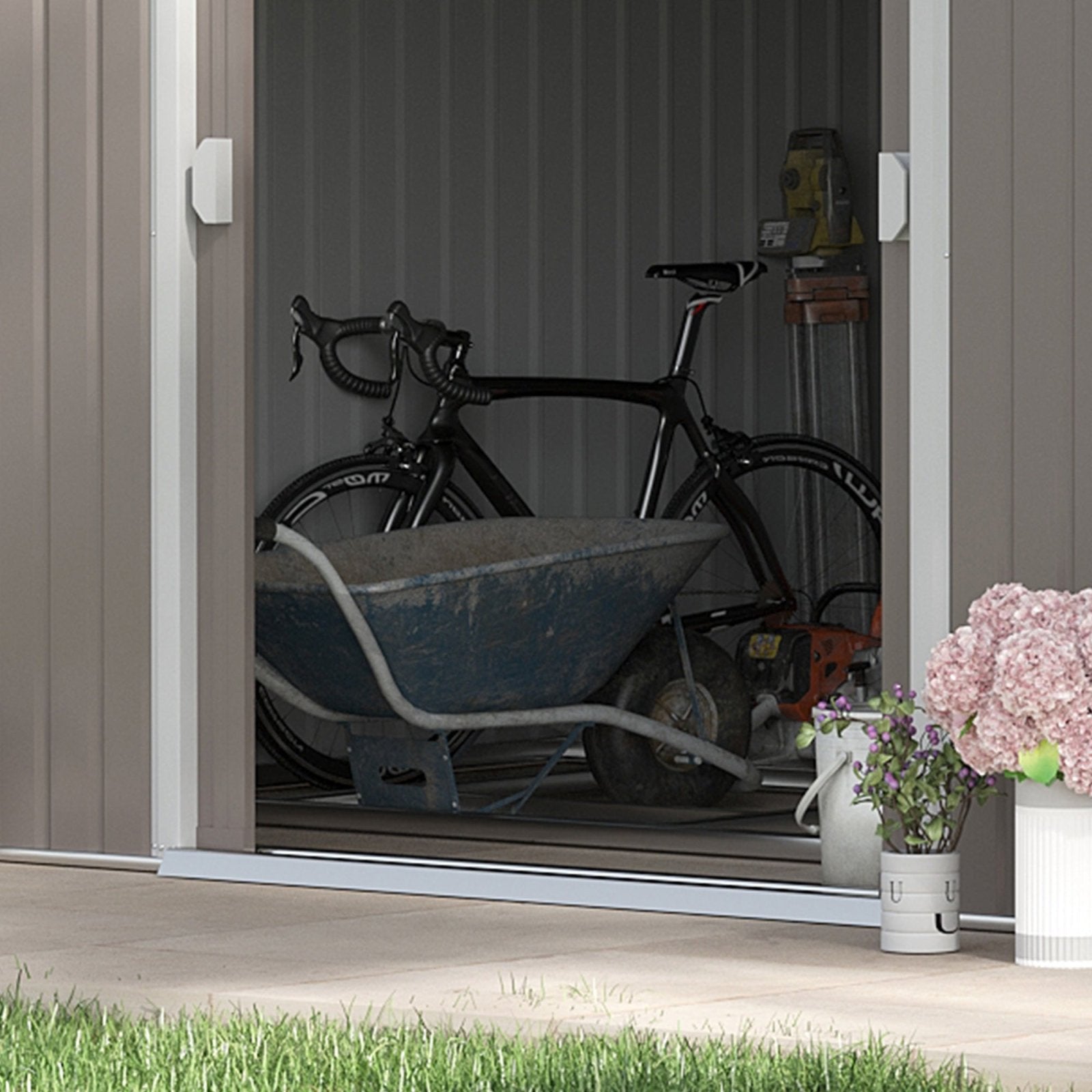 13 x 11ft Garden Metal Storage Shed Outdoor Storage Shed with Foundation Ventilation & Doors, Light Grey - Bedzy UK modern and affordable home furniture England