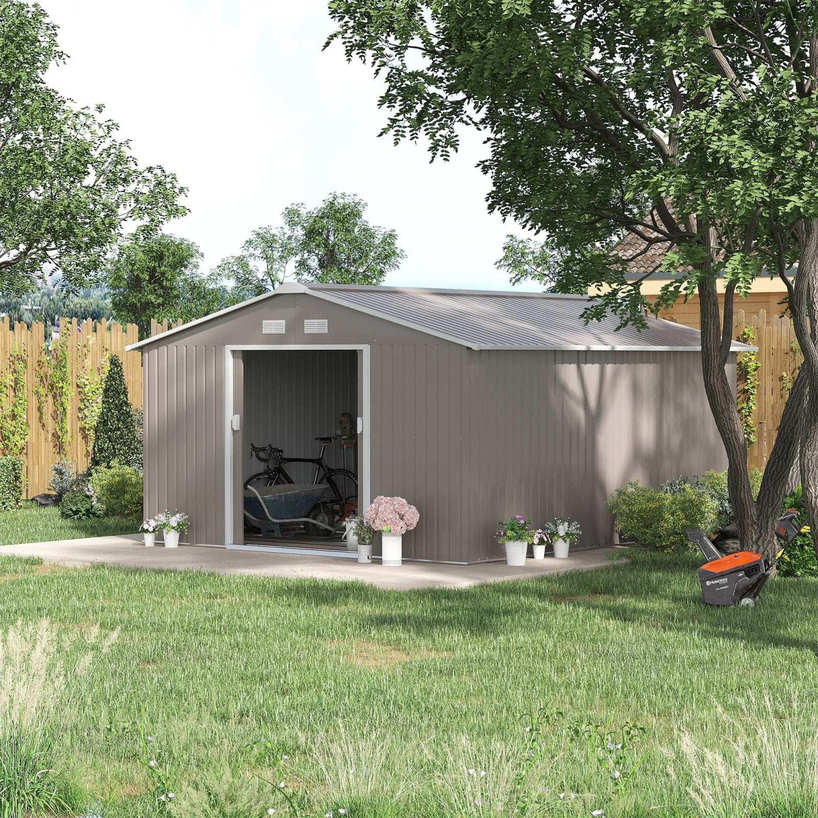 13 x 11ft Garden Metal Storage Shed Outdoor Storage Shed with Foundation Ventilation & Doors, Light Grey - Bedzy UK modern and affordable home furniture England