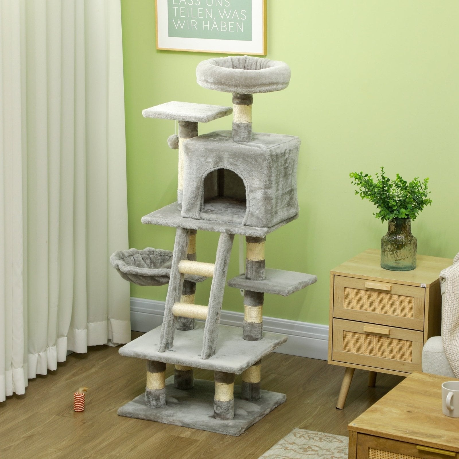 132cm Cat Tree with Scratching Post, House, Hammock, Grey - Bedzy UK modern and affordable home furniture England