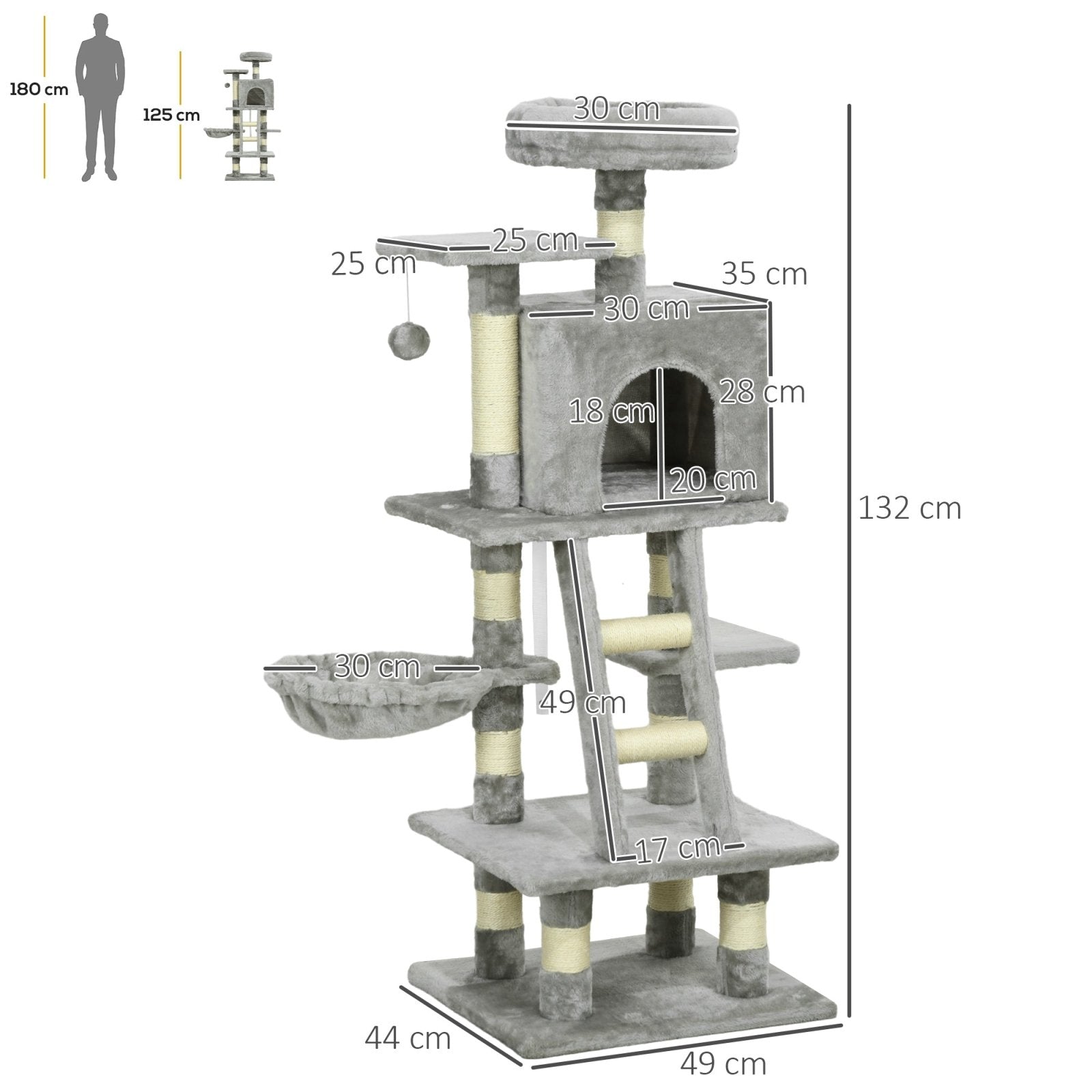 132cm Cat Tree with Scratching Post, House, Hammock, Grey - Bedzy UK modern and affordable home furniture England