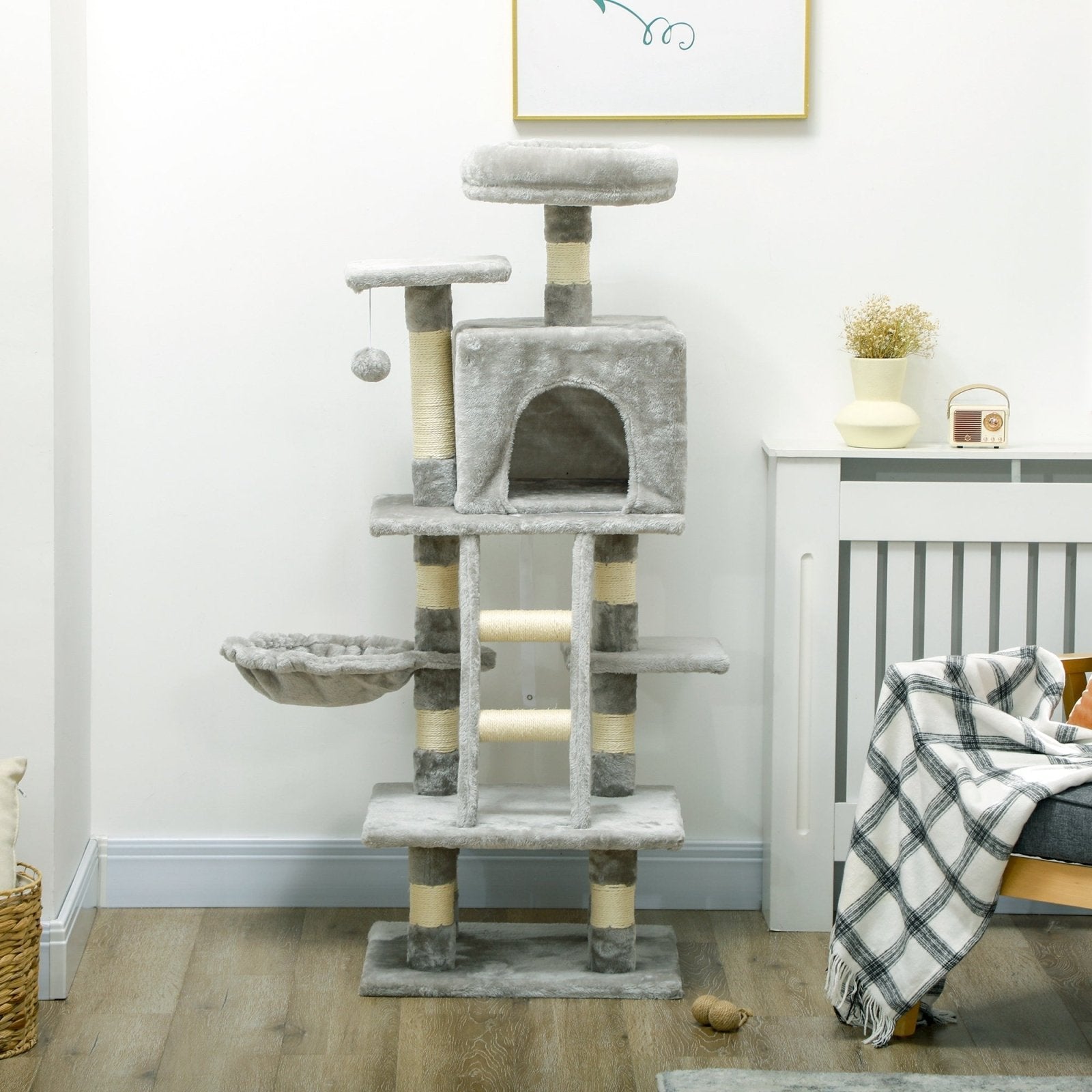 132cm Cat Tree with Scratching Post, House, Hammock, Grey - Bedzy UK modern and affordable home furniture England