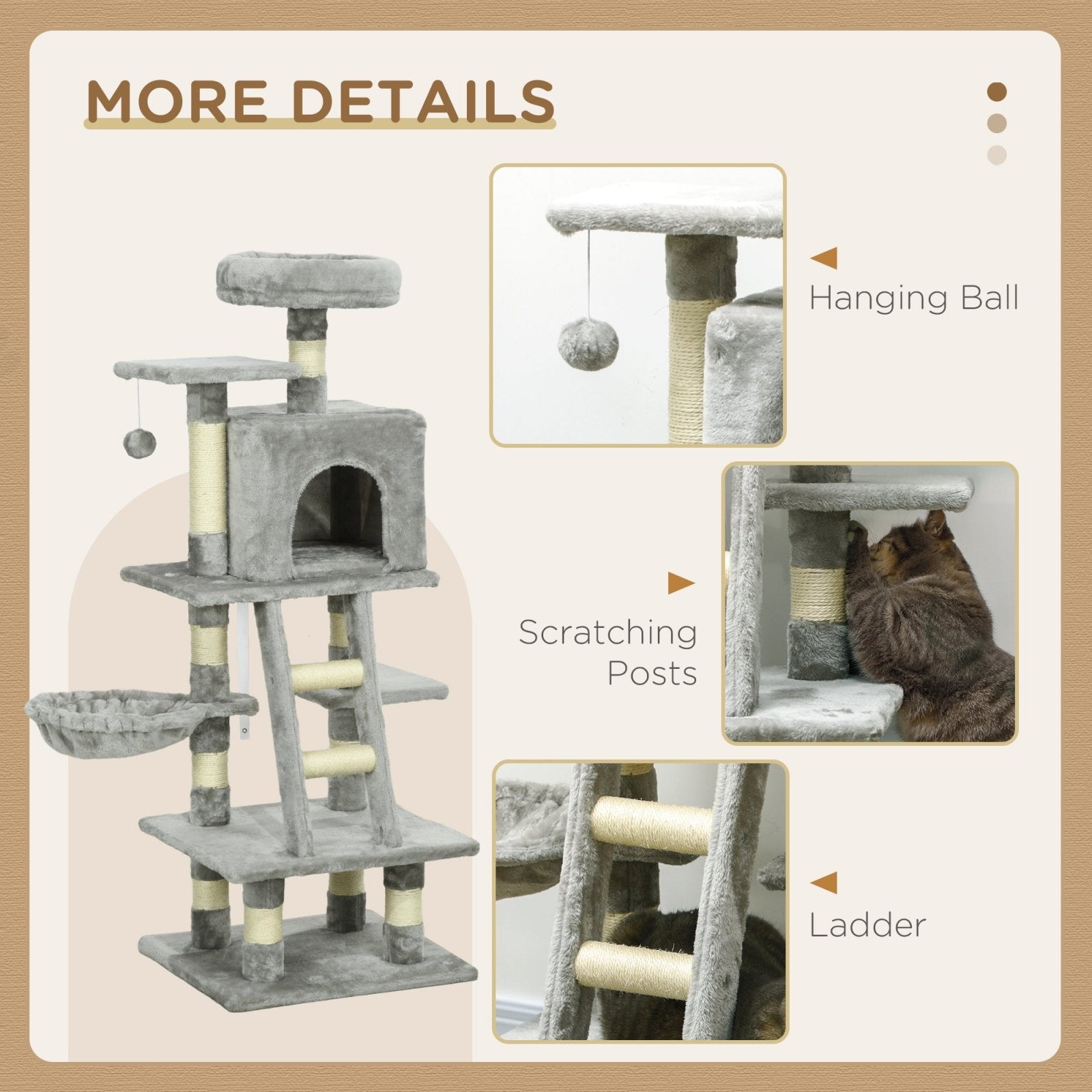 132cm Cat Tree with Scratching Post, House, Hammock, Grey - Bedzy UK modern and affordable home furniture England