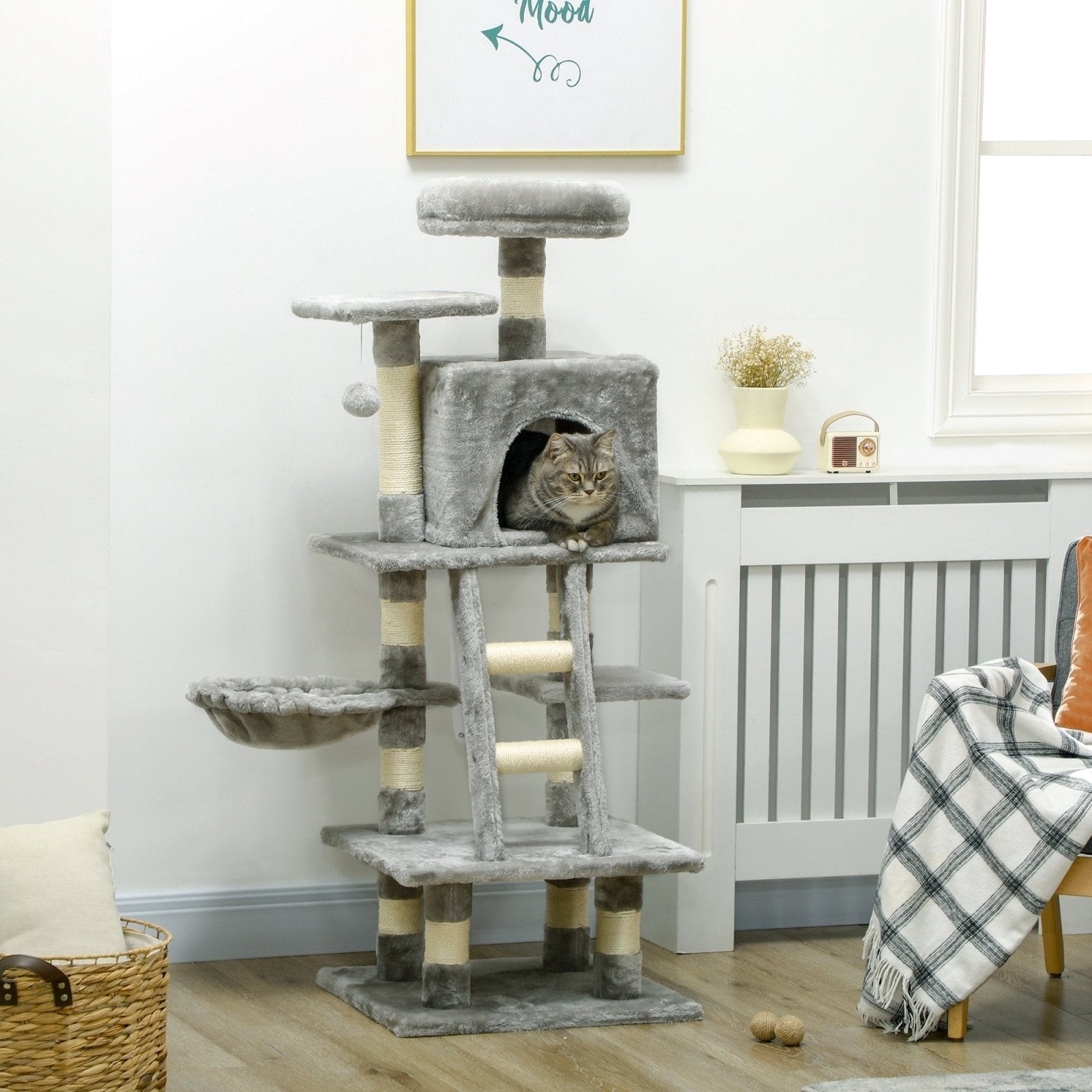 132cm Cat Tree with Scratching Post, House, Hammock, Grey - Bedzy UK modern and affordable home furniture England