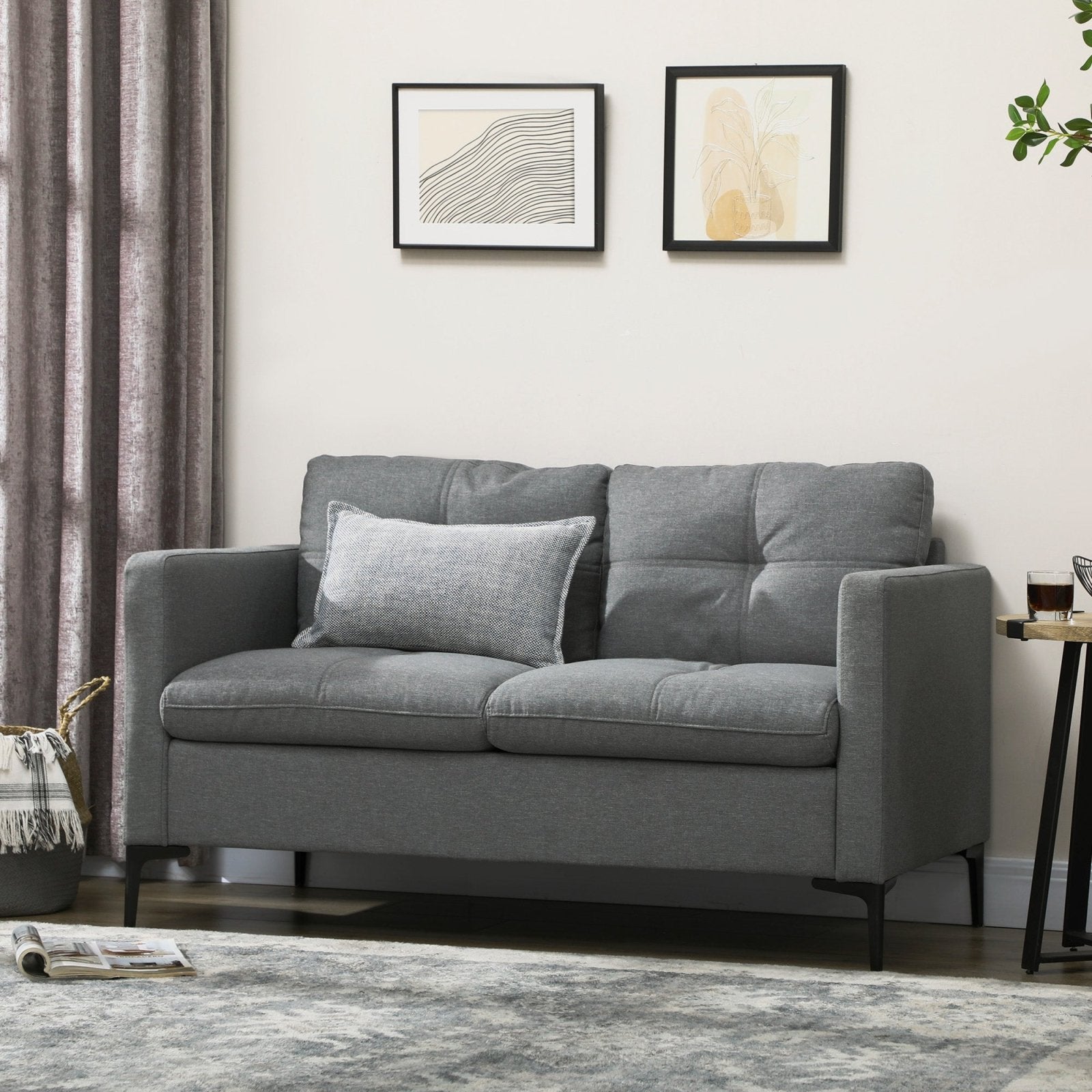 133cm Loveseat Sofa, Modern Fabric Couch with Steel Legs, Upholstered 2 Seater Sofa for Living Room, Bedroom, Dark Grey - Bedzy UK modern and affordable home furniture England