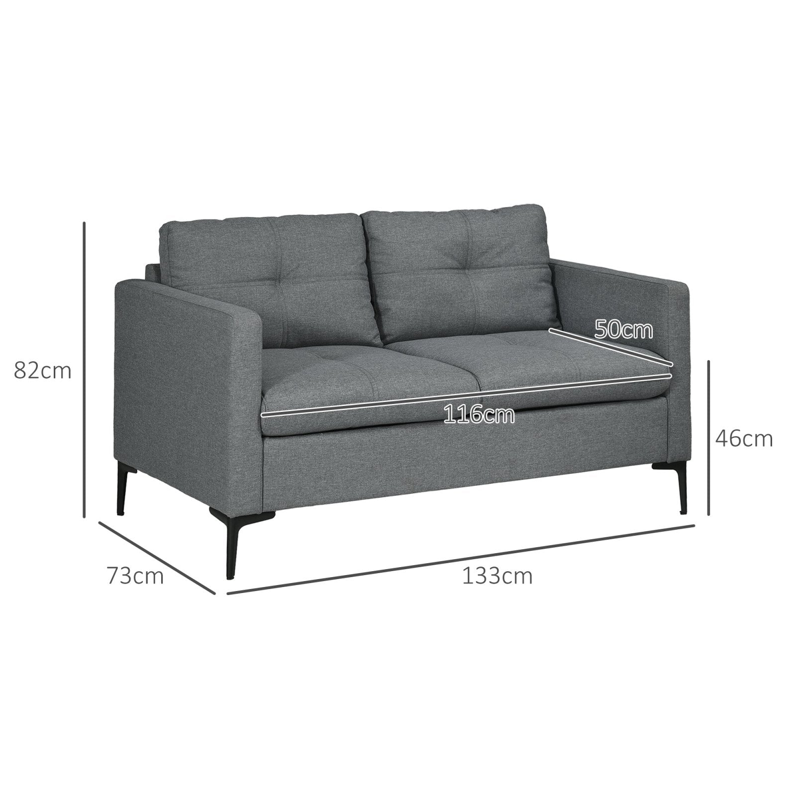 133cm Loveseat Sofa, Modern Fabric Couch with Steel Legs, Upholstered 2 Seater Sofa for Living Room, Bedroom, Dark Grey - Bedzy UK modern and affordable home furniture England