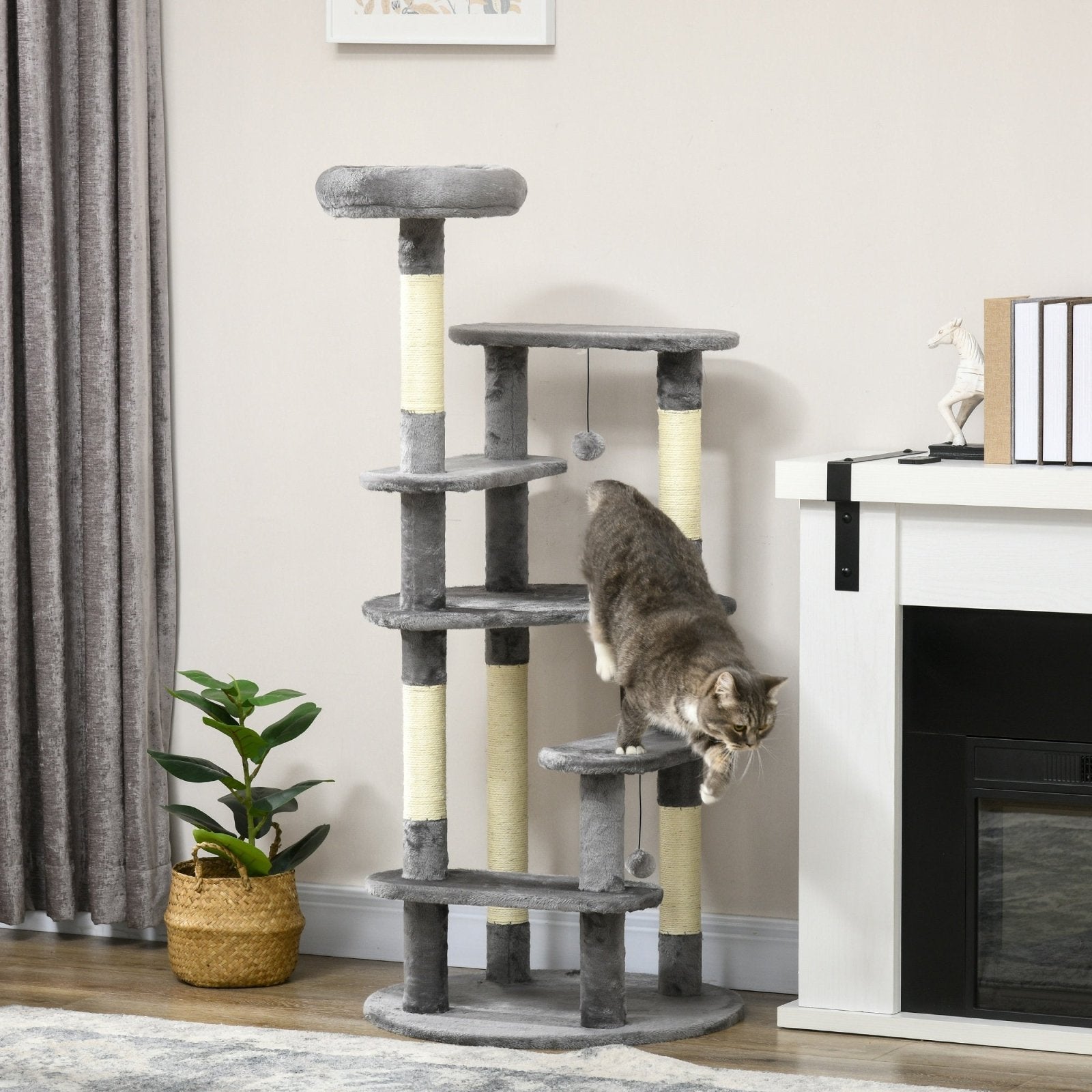 136cm Cat Tree for Indoor Cats, Modern Cat Tower with Scratching Posts, Bed, Toy Ball - Grey - Bedzy UK modern and affordable home furniture England