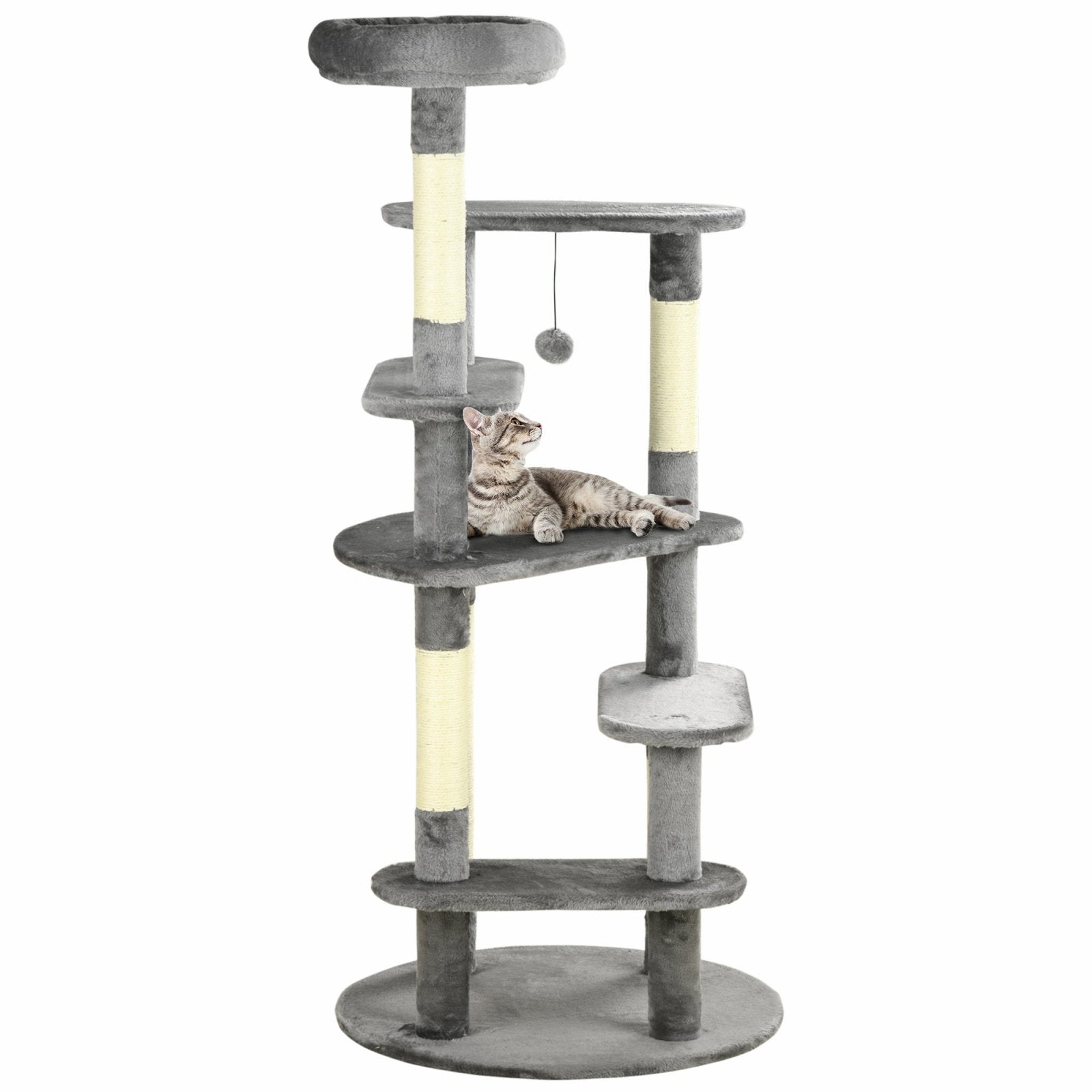 136cm Cat Tree for Indoor Cats, Modern Cat Tower with Scratching Posts, Bed, Toy Ball - Grey - Bedzy UK modern and affordable home furniture England