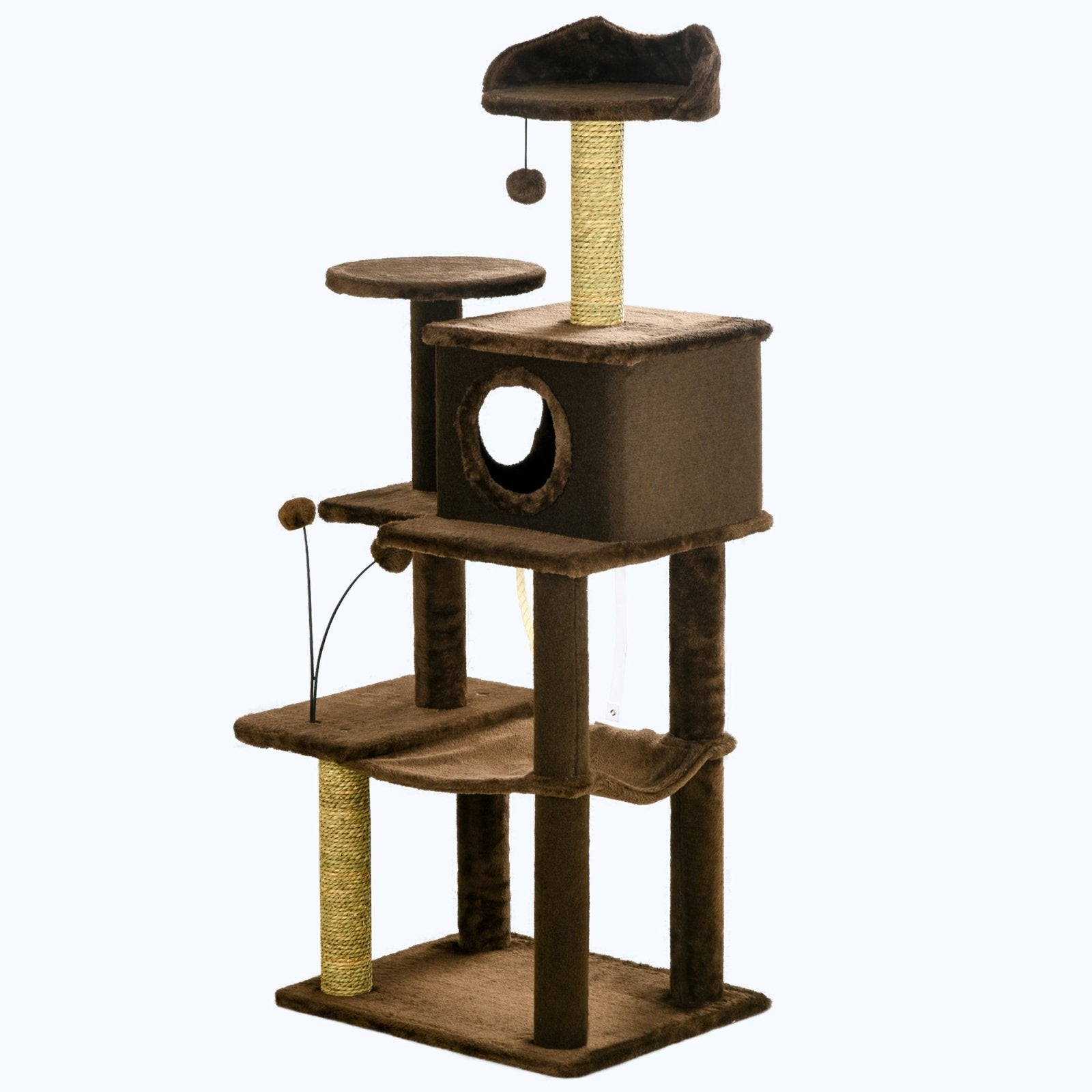 136cm Cat Tree for Indoor Cats, Modern Cat Tower with Scratching Posts, house, Platforms, Toy Ball - Brown - Bedzy UK modern and affordable home furniture England