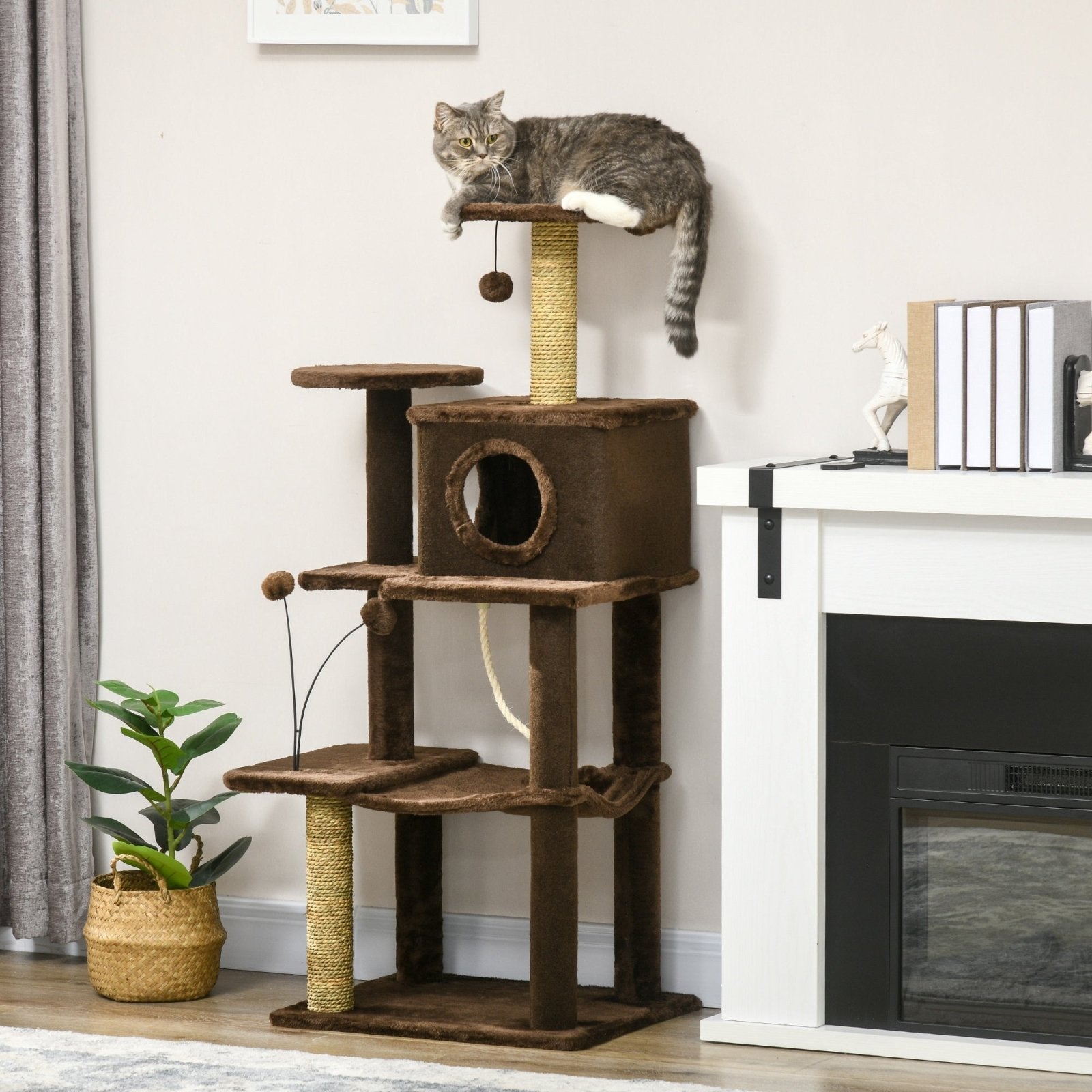 136cm Cat Tree for Indoor Cats, Modern Cat Tower with Scratching Posts, house, Platforms, Toy Ball - Brown - Bedzy UK modern and affordable home furniture England