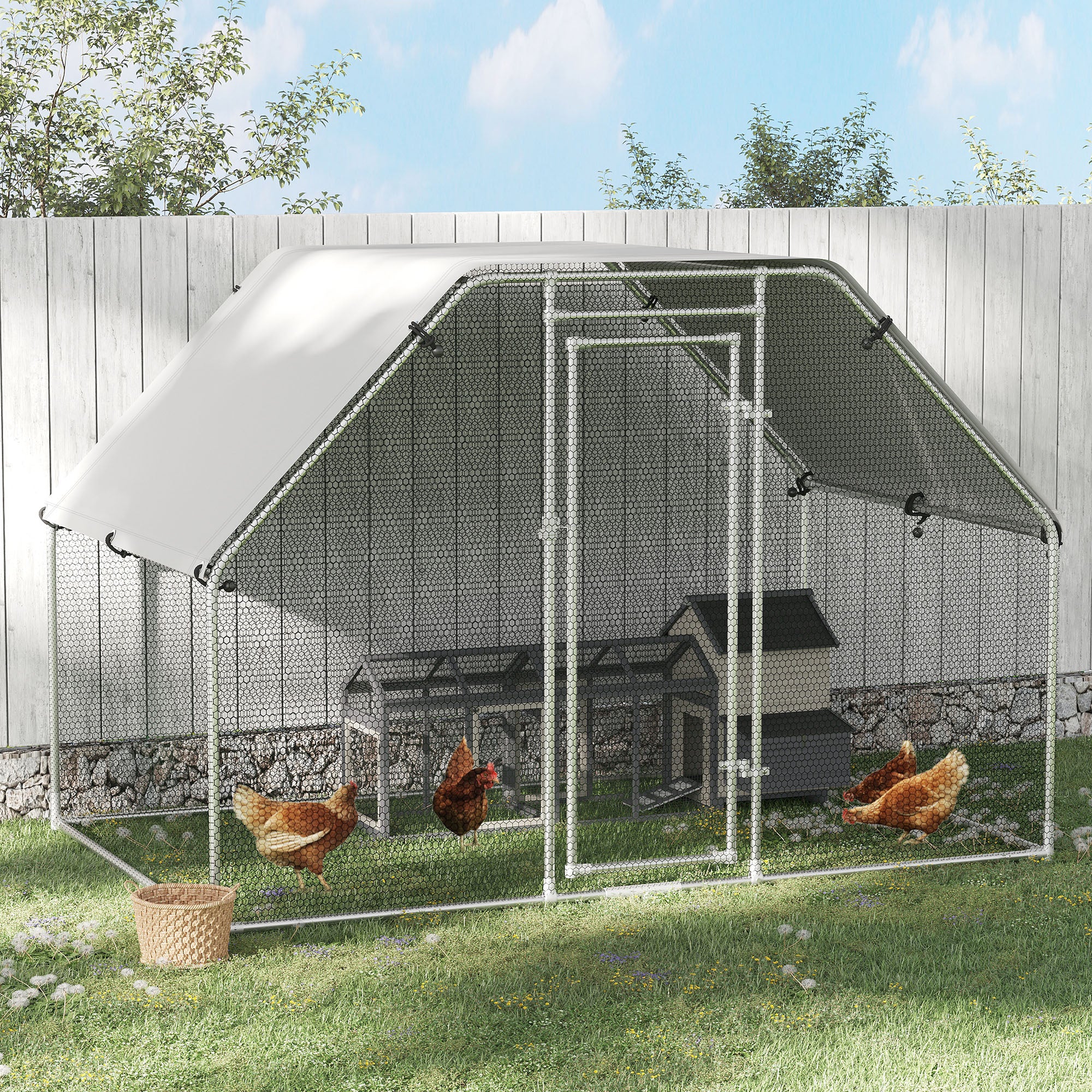 Walk-In Chicken Coop Run Cage Large Metal Chicken House w/ Cover Outdoor, 280W x 190D x 195H cm