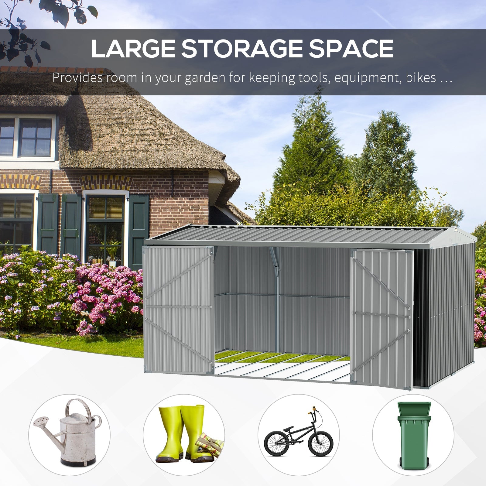 14 x 9 ft Lockable Garden Shed Large Patio Roofed Tool Metal Storage Building Foundation Sheds Box Outdoor Furniture, Grey - Bedzy UK modern and affordable home furniture England