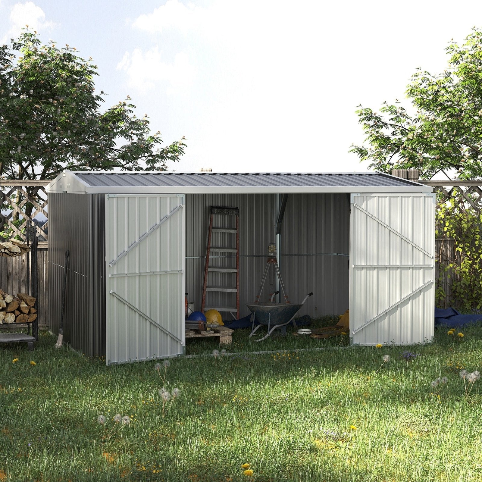 14 x 9 ft Lockable Garden Shed Large Patio Roofed Tool Metal Storage Building Foundation Sheds Box Outdoor Furniture, Grey - Bedzy UK modern and affordable home furniture England